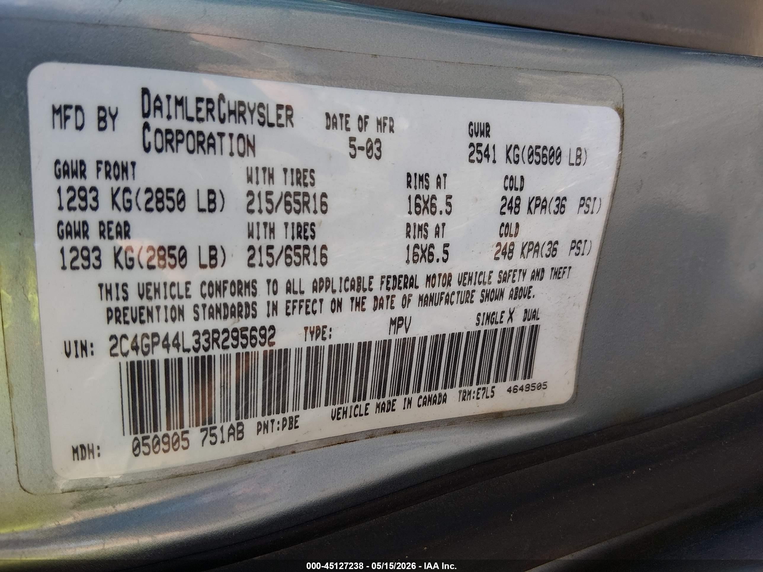 2003 Chrysler Town & Country Lx Light Blue vin: 2C4GP44L33R295692