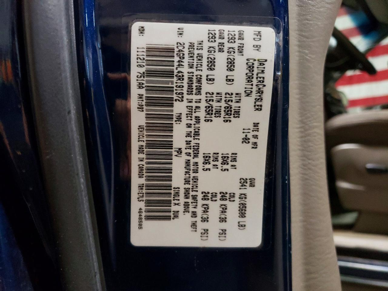 2003 Chrysler Town & Country Lx Blue vin: 2C4GP44L43R191972