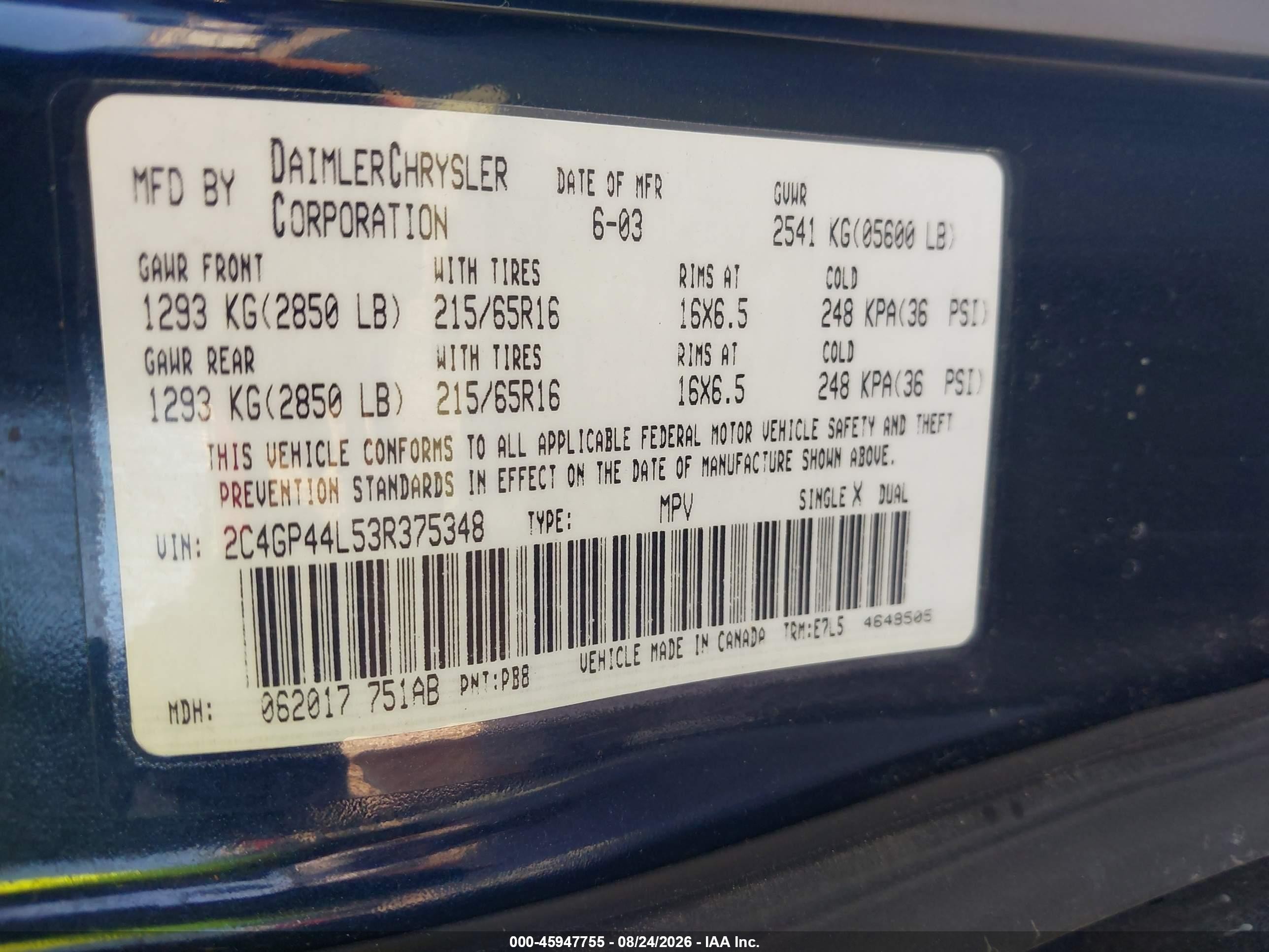 2003 Chrysler Town & Country Lx Navy vin: 2C4GP44L53R375348