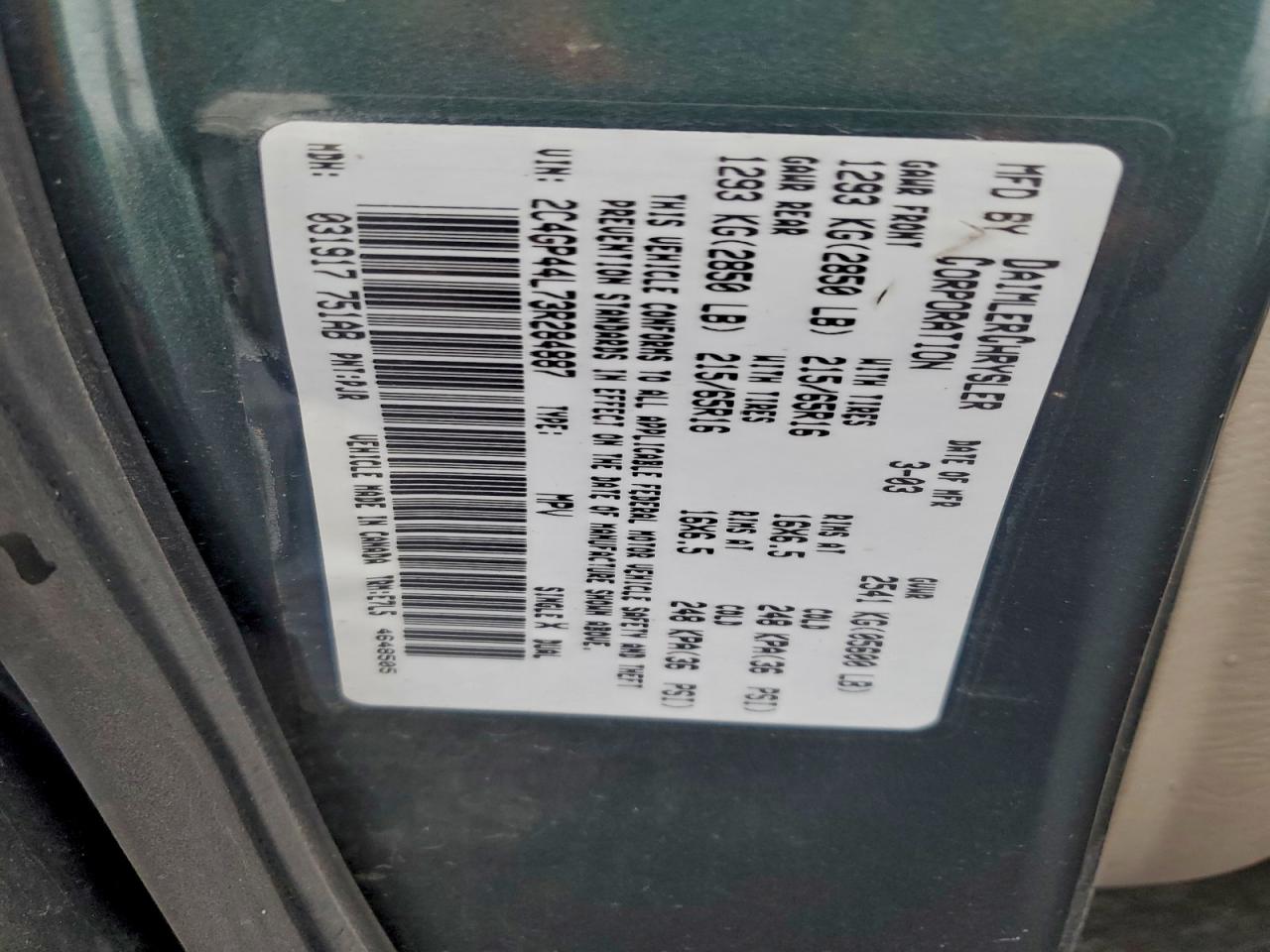 2003 Chrysler Town & Country Lx Green vin: 2C4GP44L73R284887