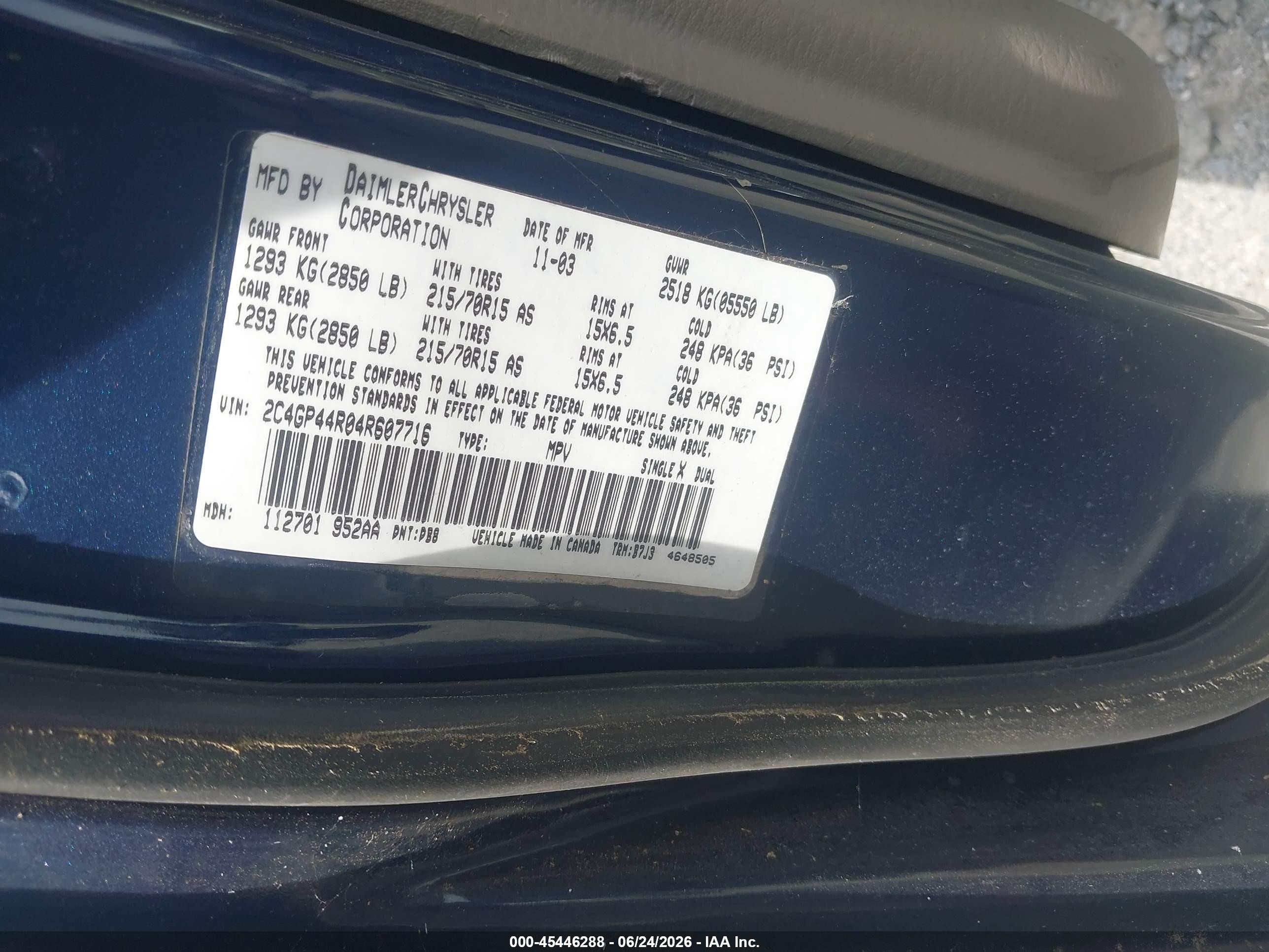 2004 Chrysler Town & Country Lx Blue vin: 2C4GP44R04R607716