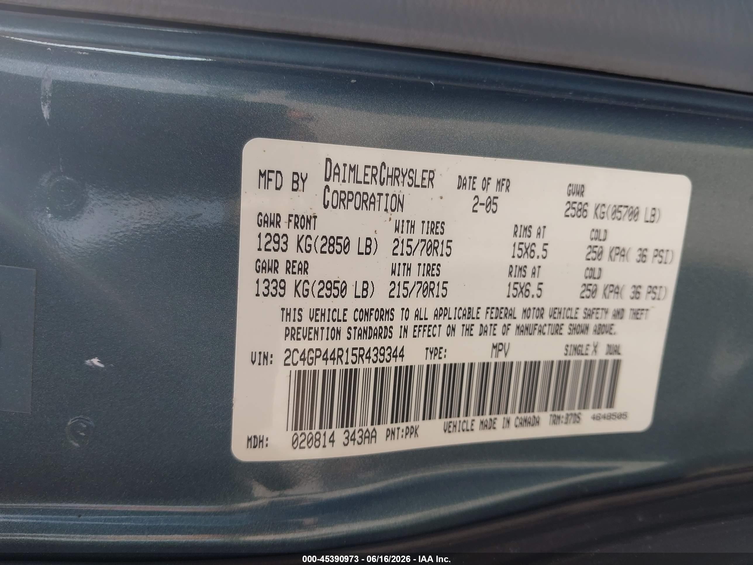 2005 Chrysler Town & Country Lx Light Blue vin: 2C4GP44R15R439344