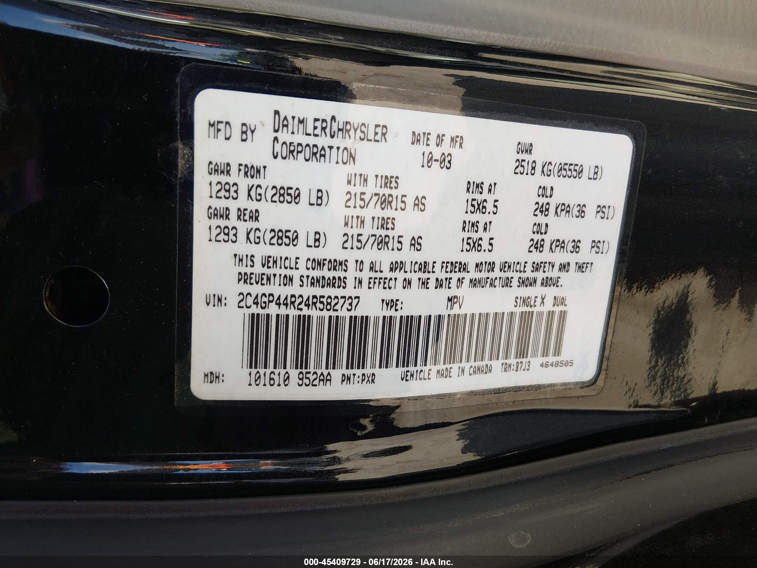 2004 Chrysler Town & Country Lx Black vin: 2C4GP44R24R582737