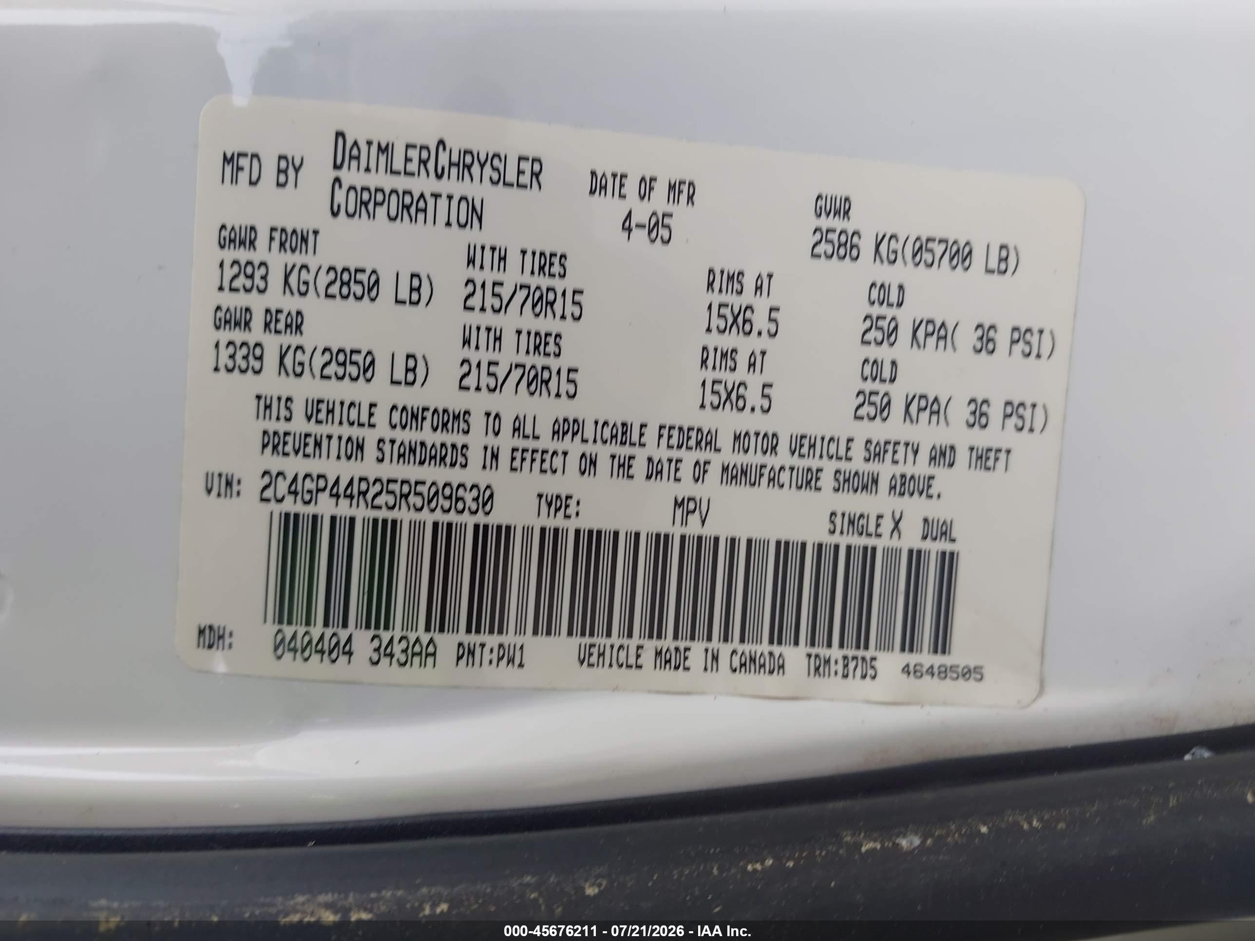 2005 Chrysler Town & Country Lx White vin: 2C4GP44R25R509630