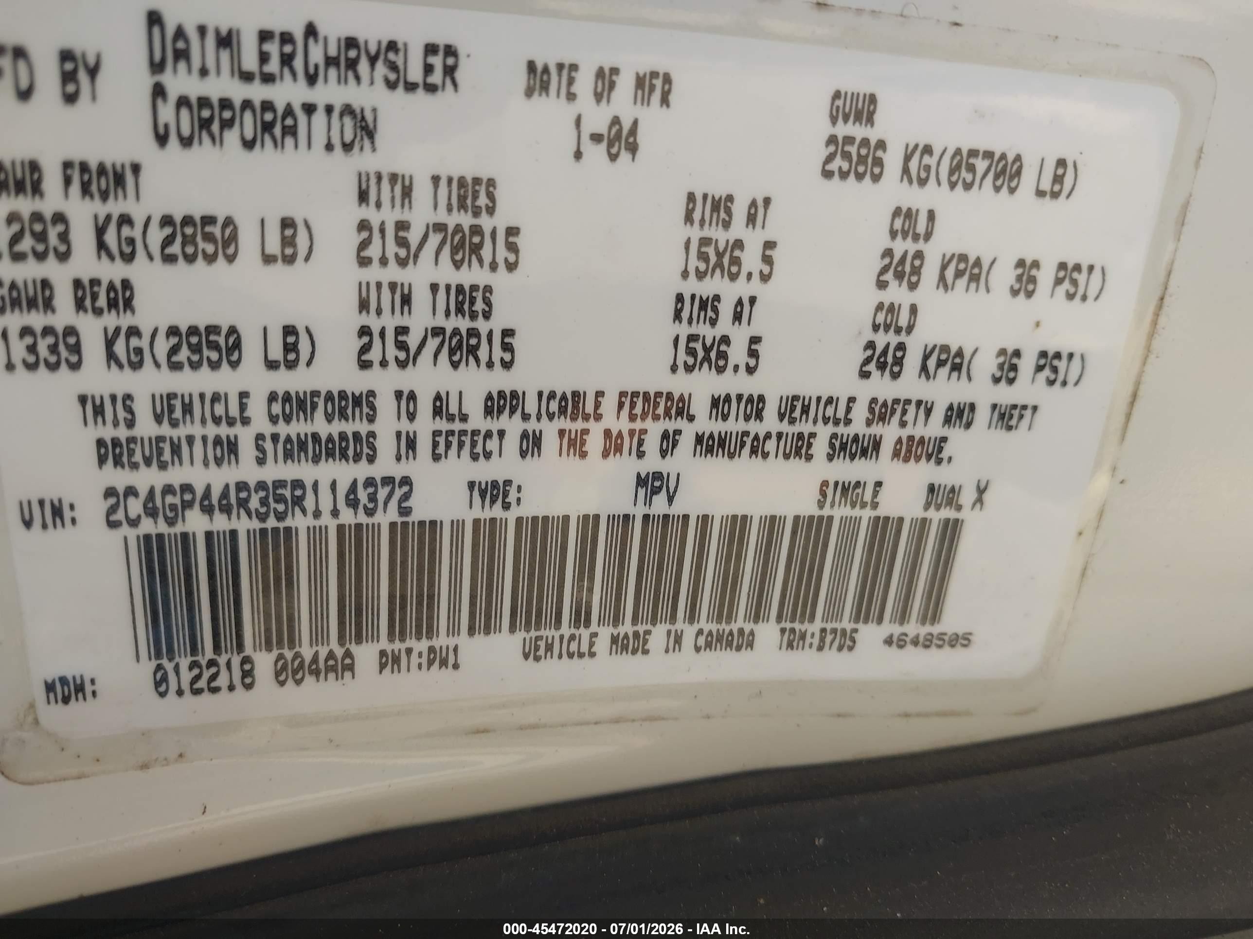 2005 Chrysler Town & Country Lx White vin: 2C4GP44R35R114372