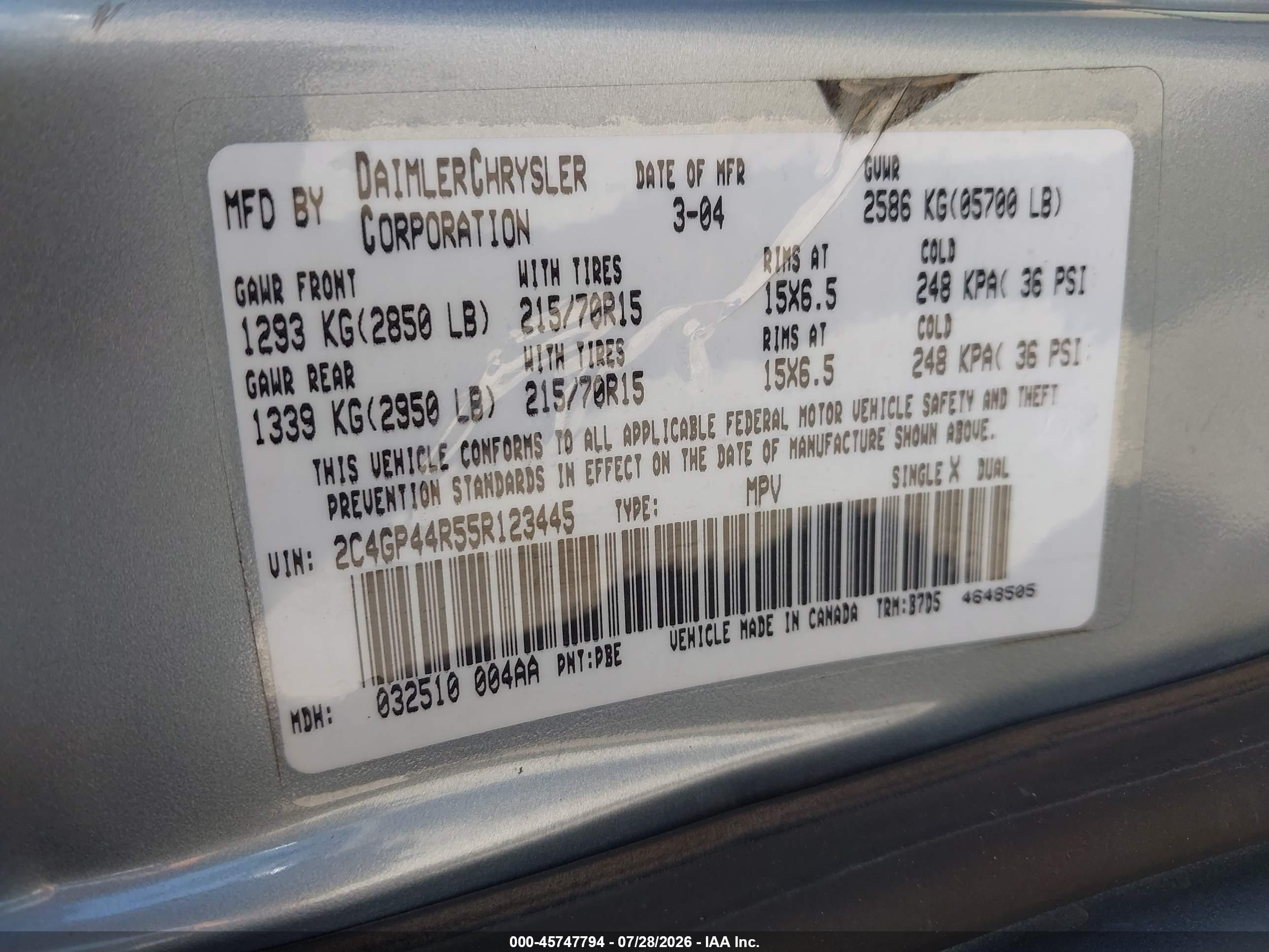 2005 Chrysler Town & Country Lx Light Blue vin: 2C4GP44R55R123445