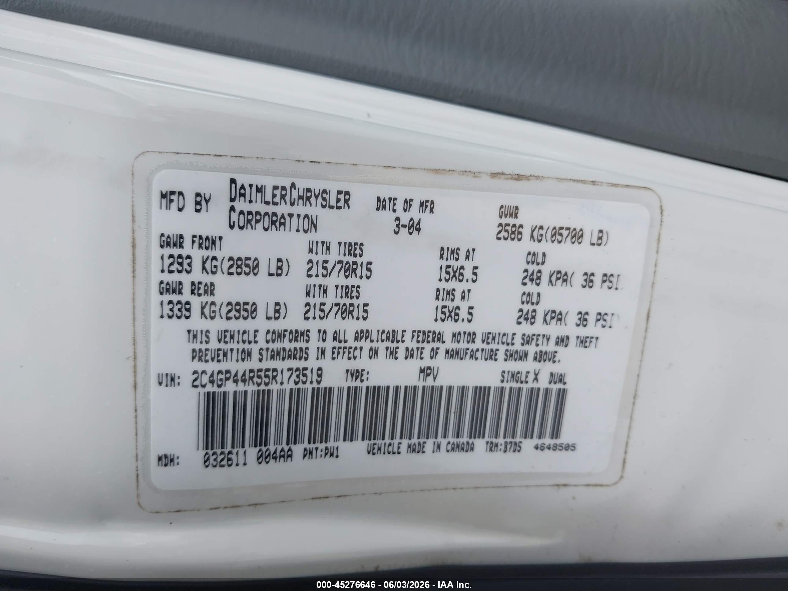 2005 Chrysler Town & Country Lx White vin: 2C4GP44R55R173519