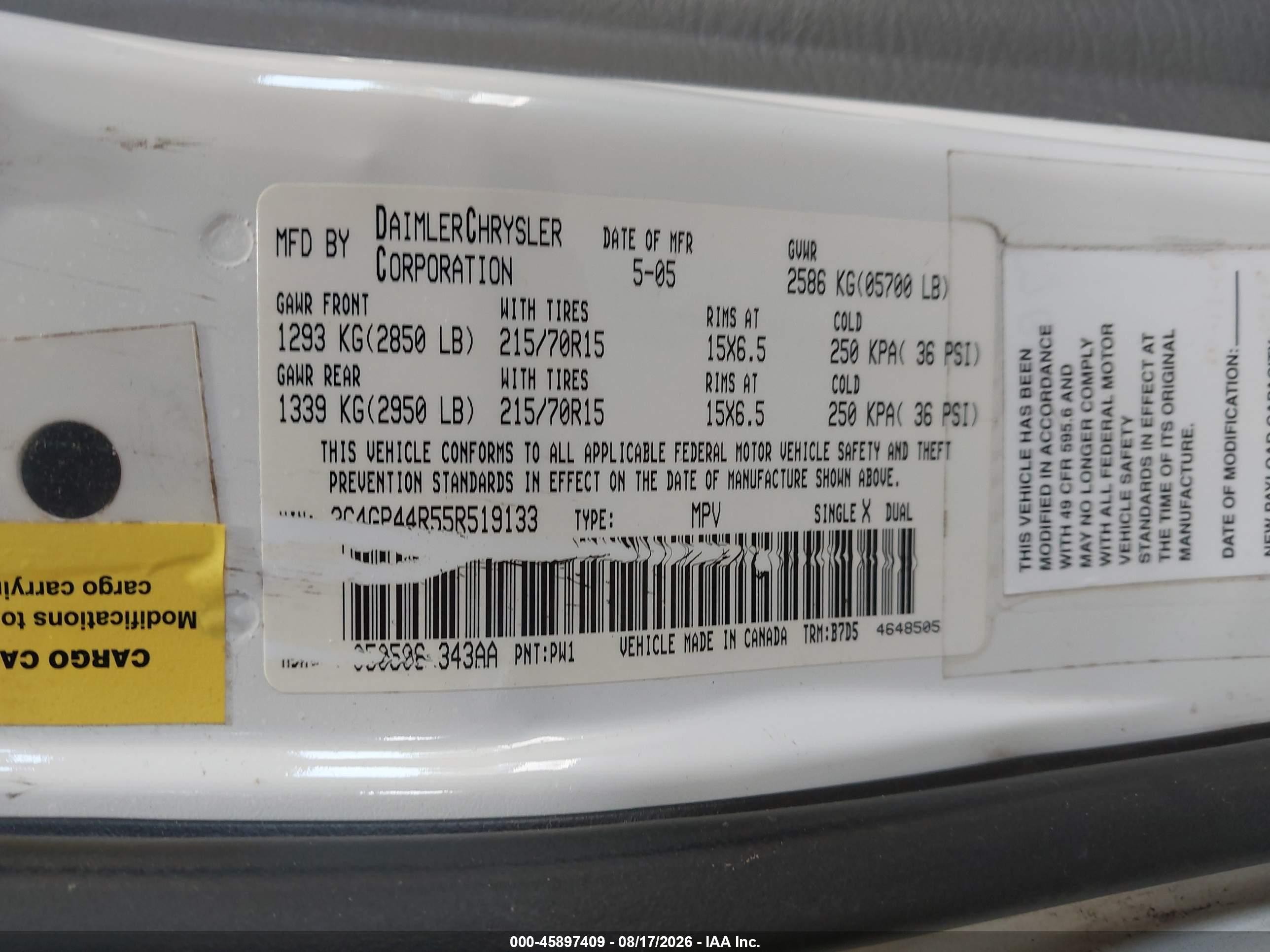 2005 Chrysler Town & Country Lx White vin: 2C4GP44R55R519133
