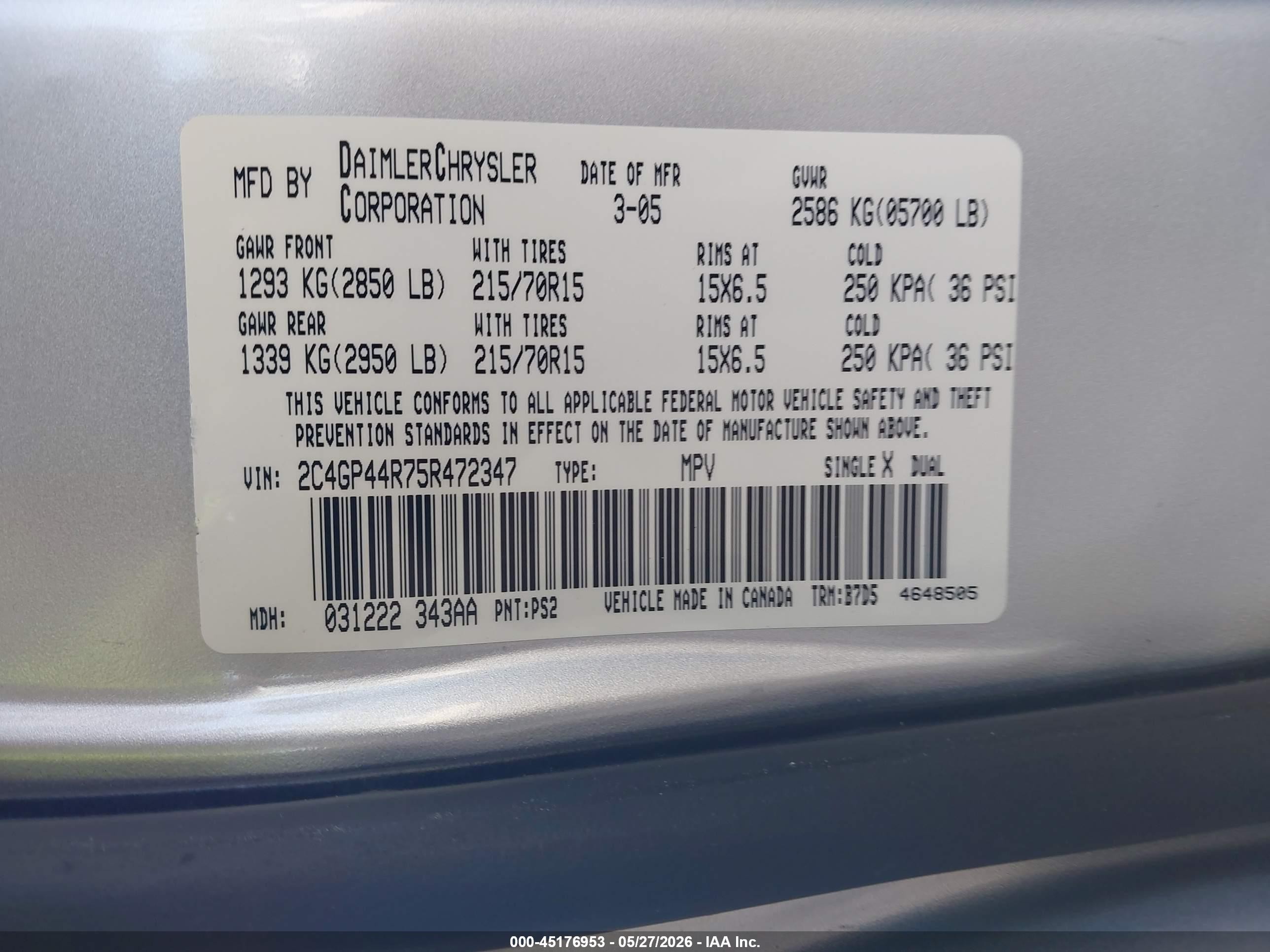 2005 Chrysler Town & Country Lx Silver vin: 2C4GP44R75R472347