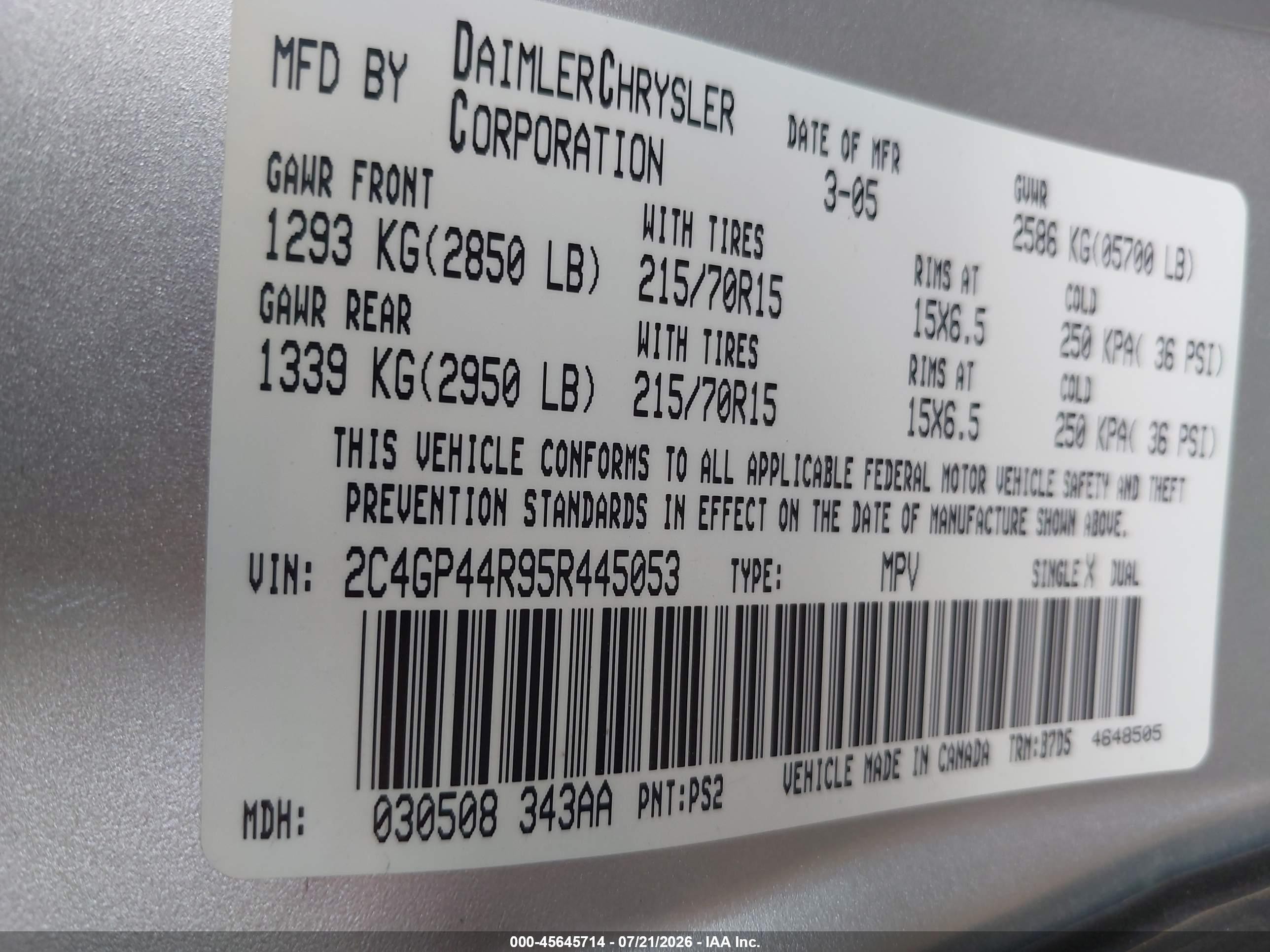 2005 Chrysler Town & Country Lx Gray vin: 2C4GP44R95R445053