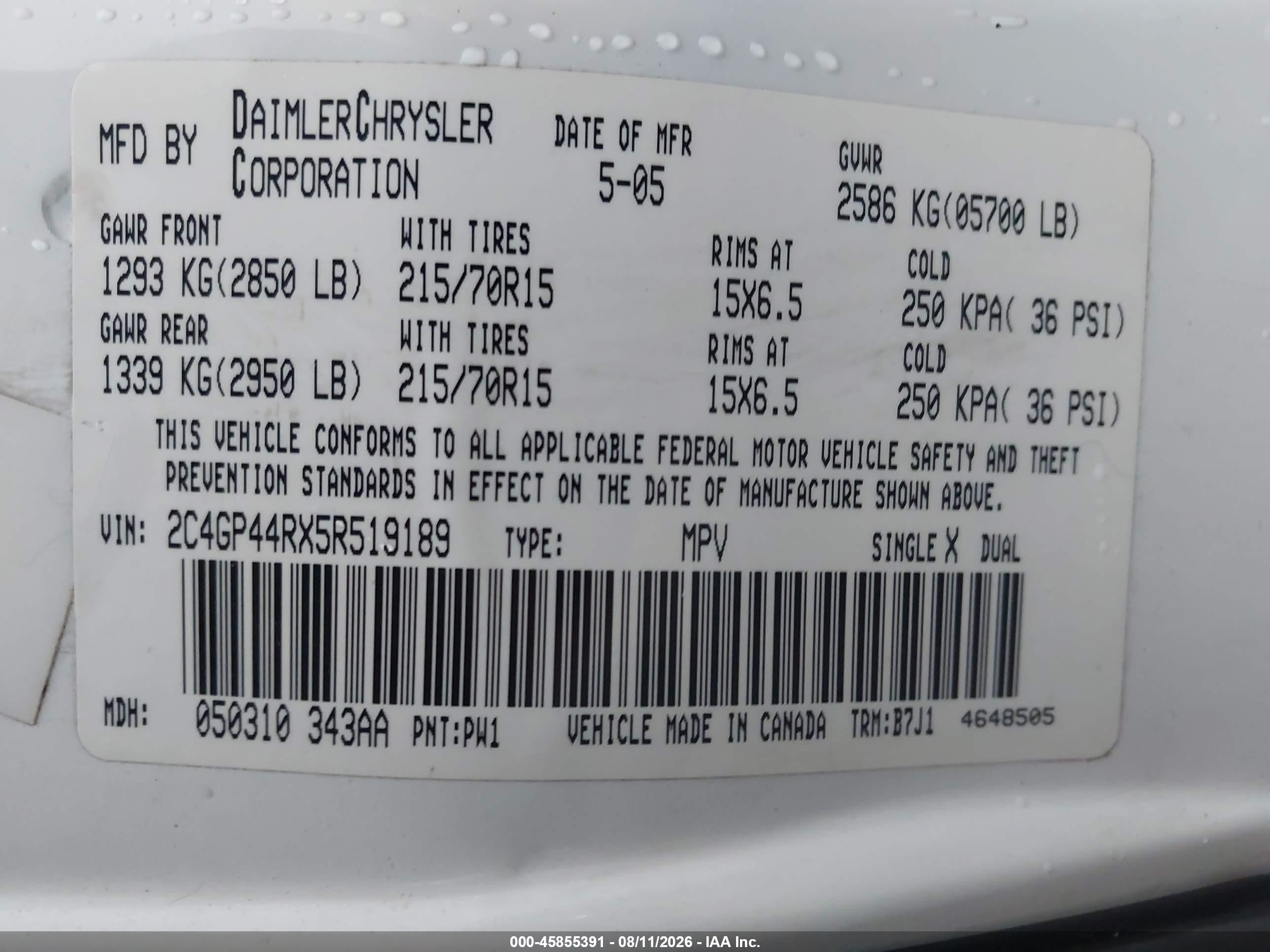 2005 Chrysler Town & Country Lx White vin: 2C4GP44RX5R519189