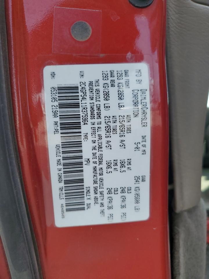 2001 Chrysler Town & Country Lxi Red vin: 2C4GP54L11R375964