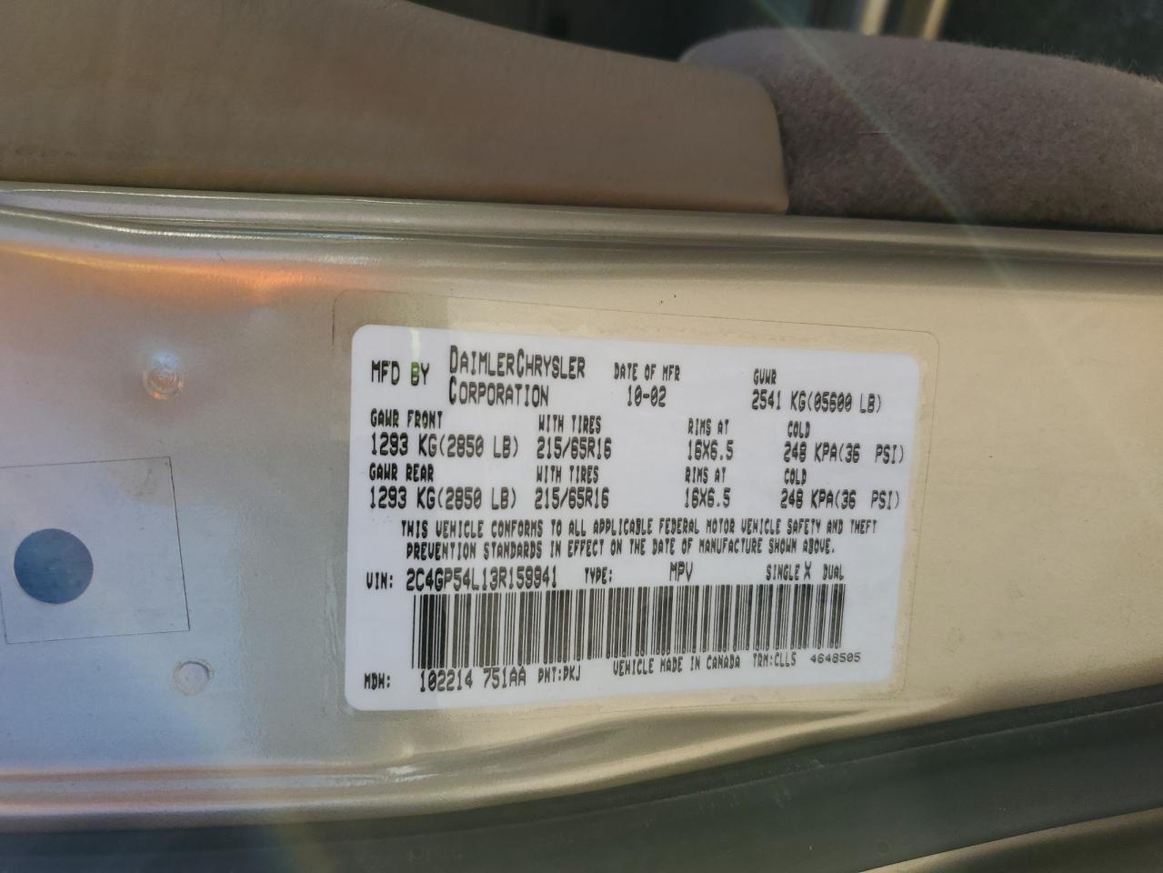 2003 Chrysler Town & Country Lxi Beige vin: 2C4GP54L13R159941