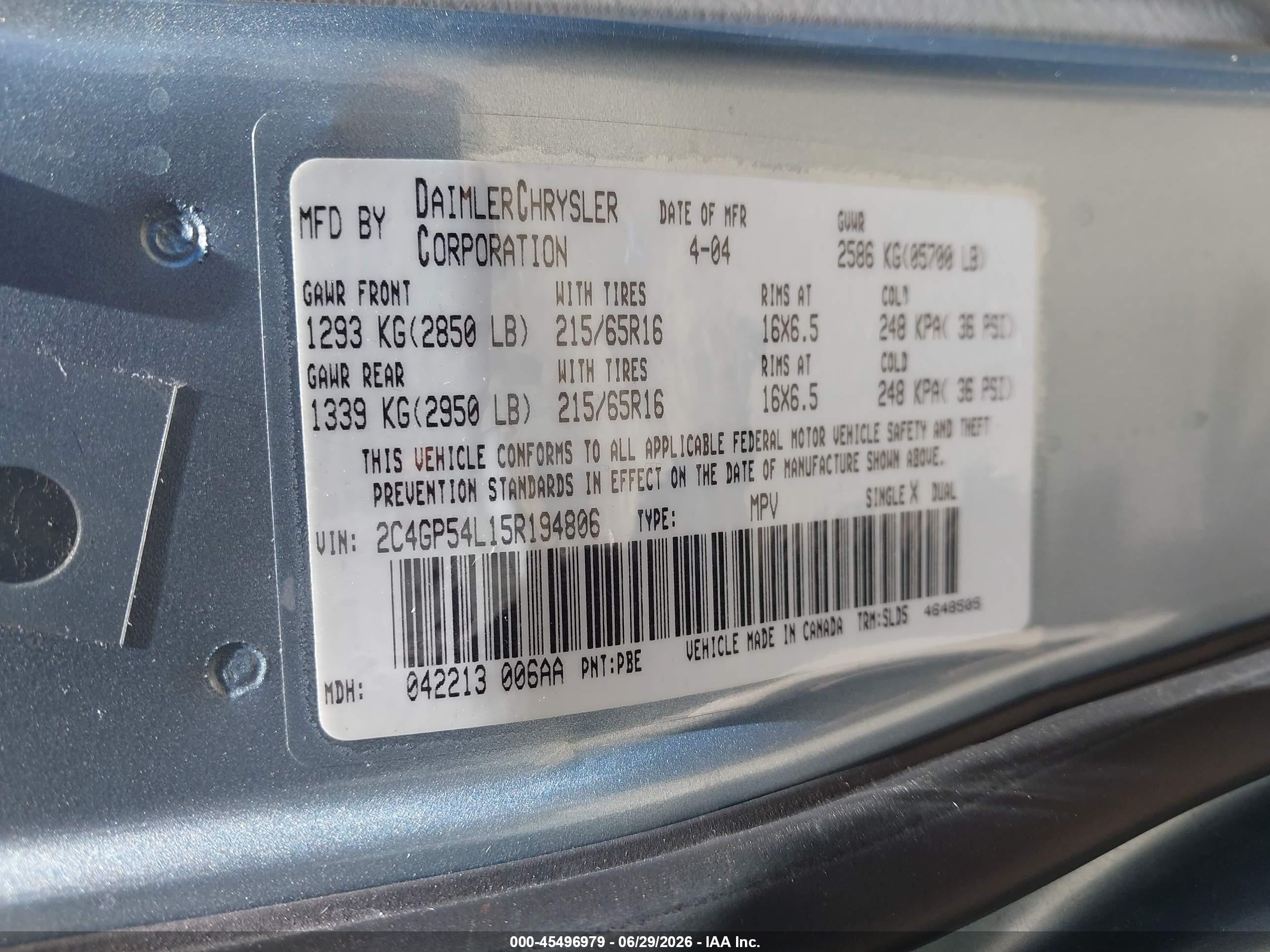 2005 Chrysler Town & Country Touring Light Blue vin: 2C4GP54L15R194806
