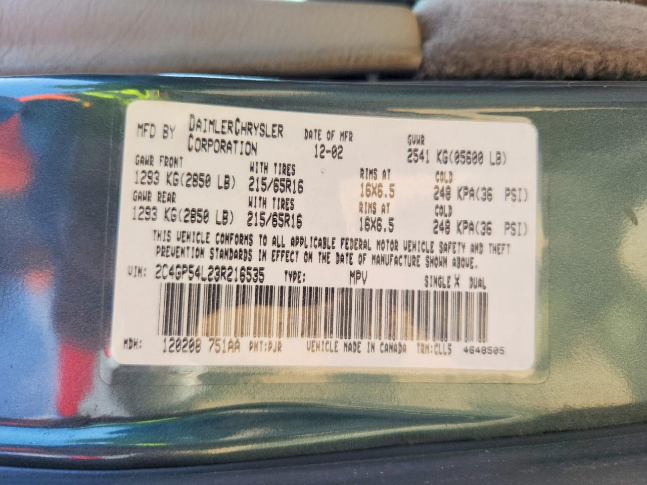 2003 Chrysler Town & Country Lxi Green vin: 2C4GP54L23R216535