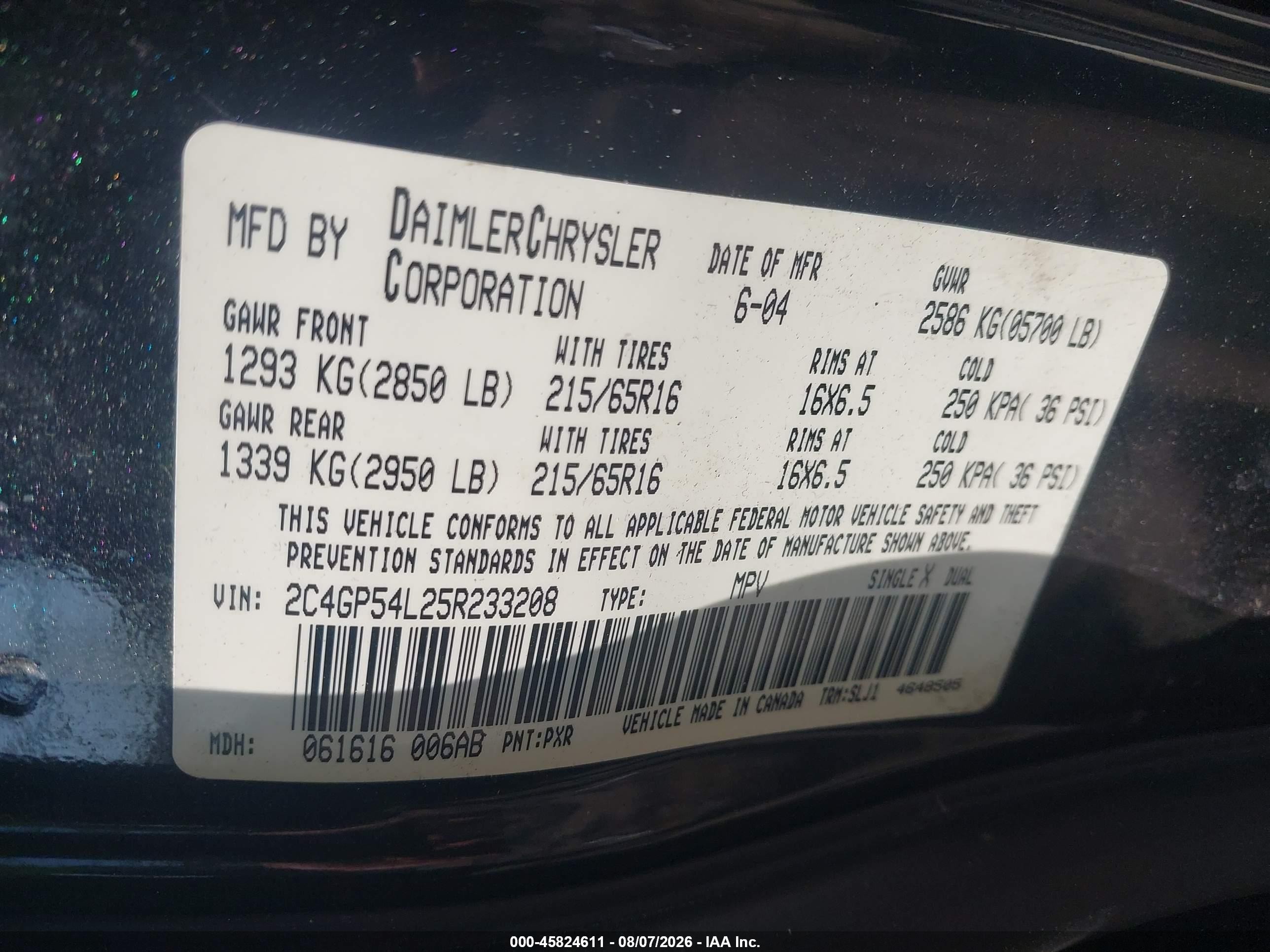 2005 Chrysler Town & Country Touring Черный vin: 2C4GP54L25R233208