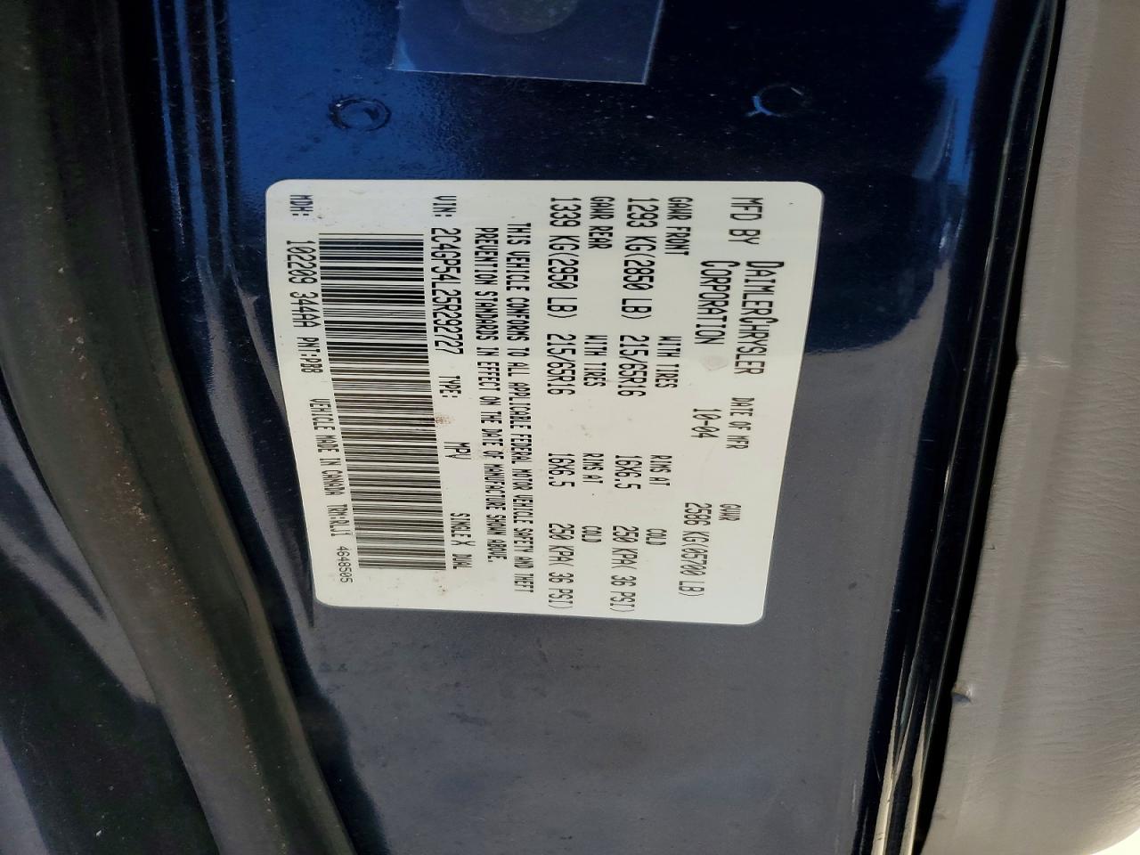 2005 Chrysler Town & Country Touring Blue vin: 2C4GP54L25R292727