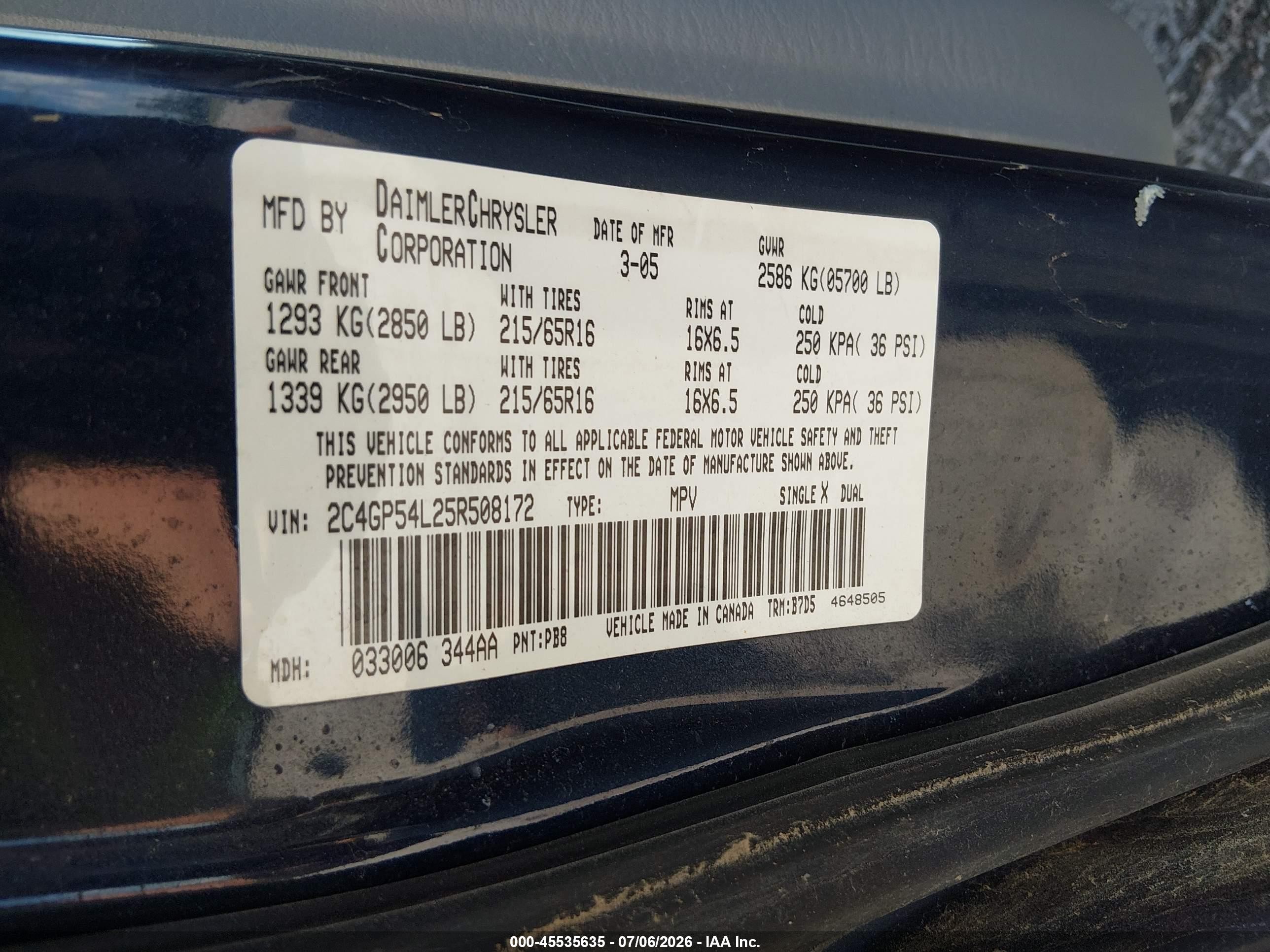 2005 Chrysler Town & Country Touring Blue vin: 2C4GP54L25R508172