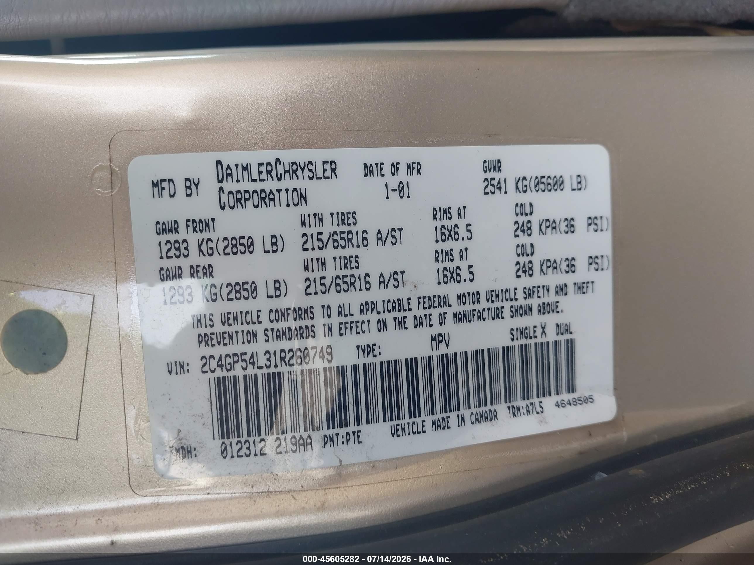 2001 Chrysler Town & Country Lxi Gold vin: 2C4GP54L31R260749