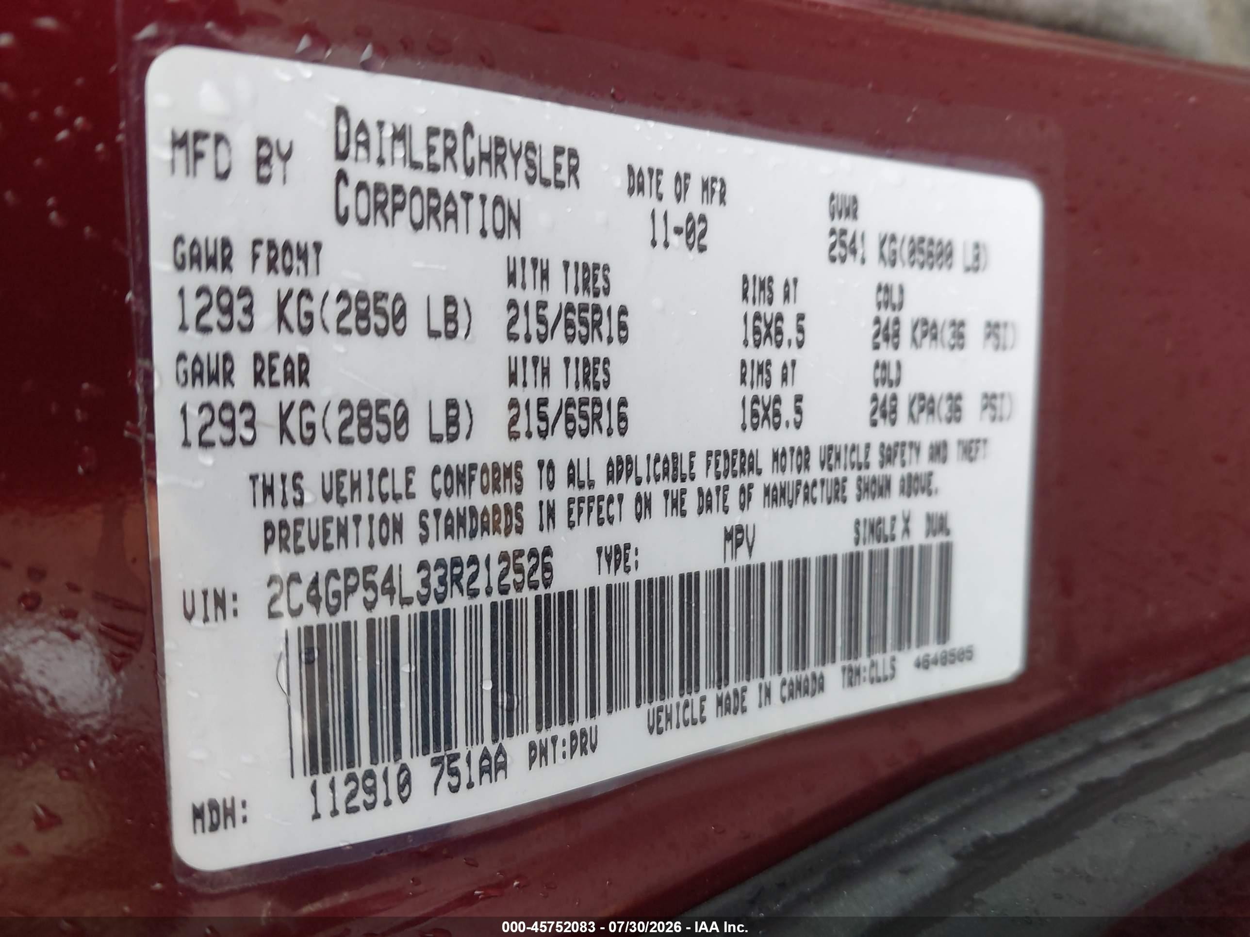 2003 Chrysler Town & Country Lxi Red vin: 2C4GP54L33R212526