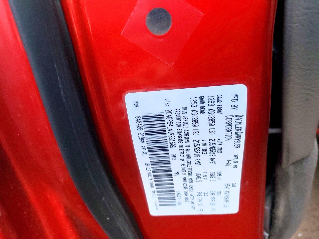 2001 Chrysler Town & Country Lxi Red vin: 2C4GP54L41R331506