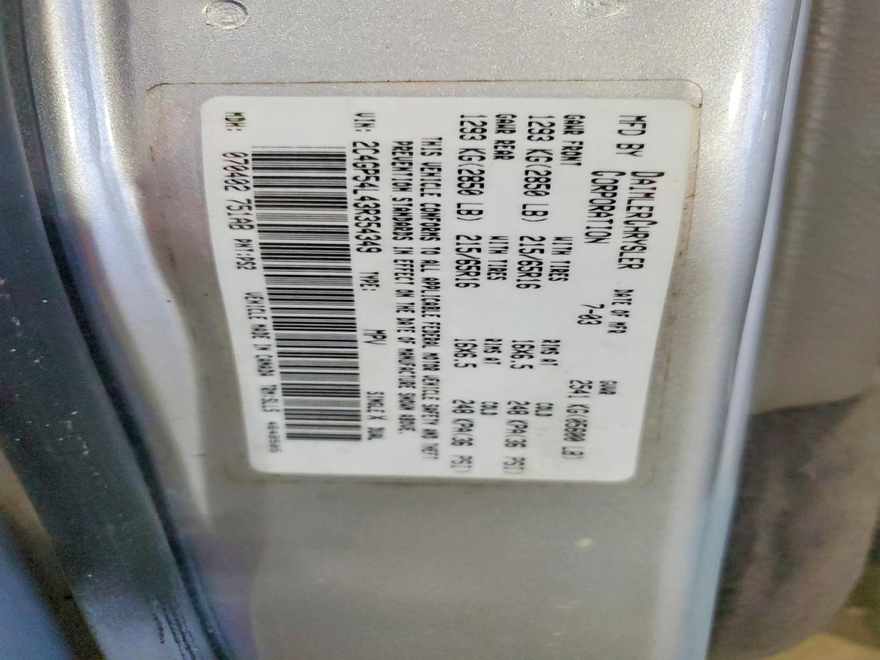 2003 Chrysler Town & Country Lxi Silver vin: 2C4GP54L43R354349