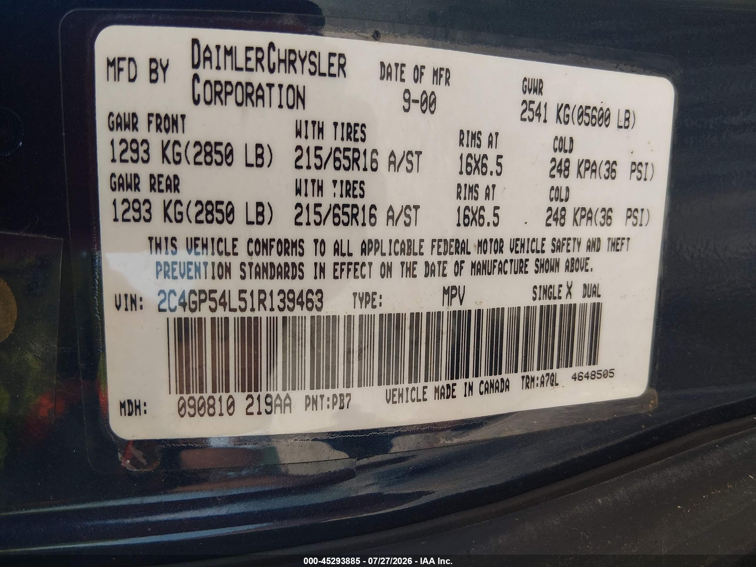 2001 Chrysler Town & Country Lxi Blue vin: 2C4GP54L51R139463