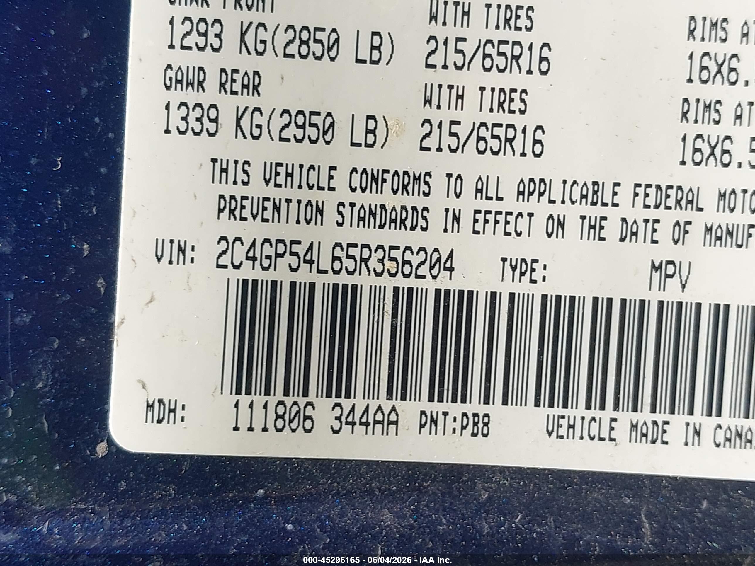 2005 Chrysler Town & Country Touring Blue vin: 2C4GP54L65R356204