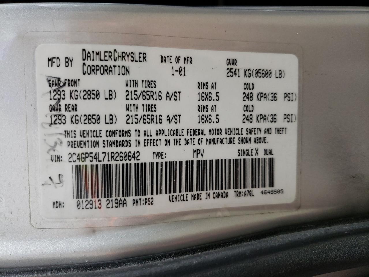 2001 Chrysler Town & Country Lxi Silver vin: 2C4GP54L71R260642