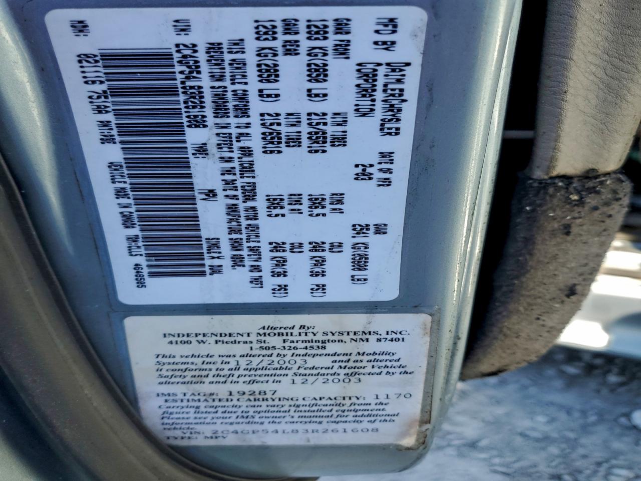 2003 Chrysler Town & Country Lxi Blue vin: 2C4GP54L83R261608
