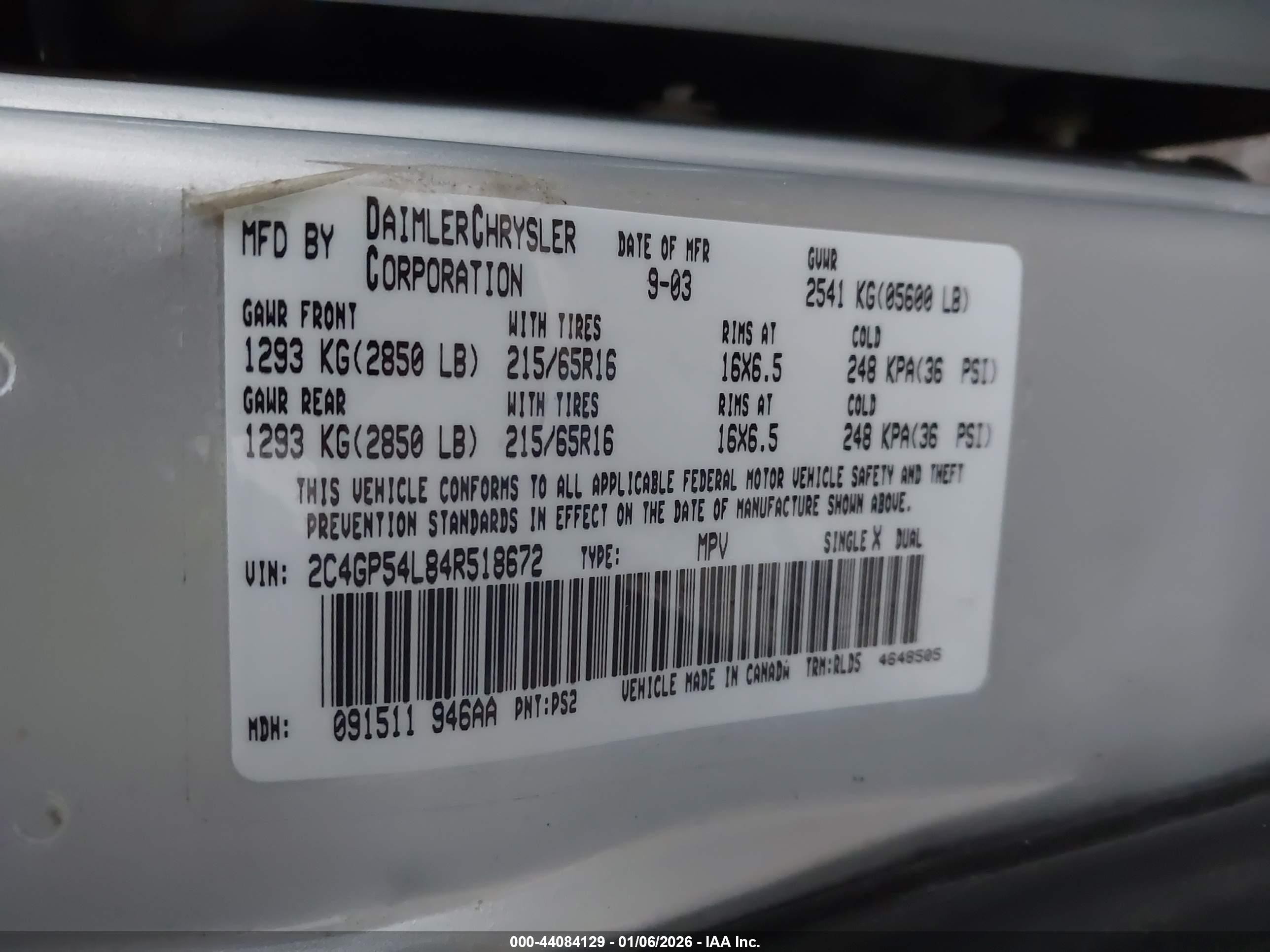 2004 Chrysler Town & Country Touring Silver vin: 2C4GP54L84R518672
