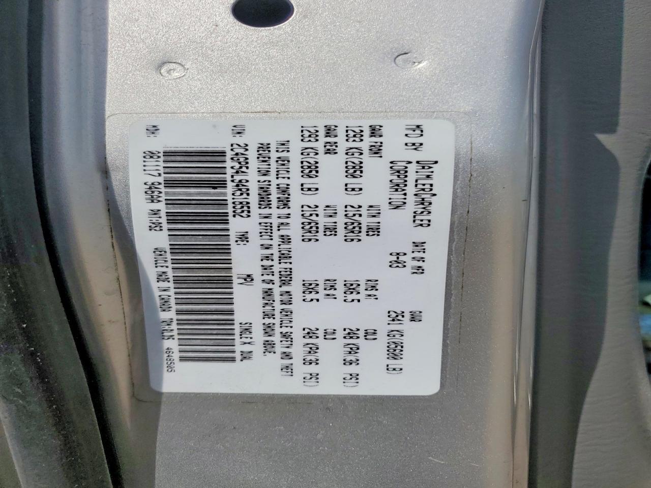 2004 Chrysler Town & Country Touring Silver vin: 2C4GP54L94R518552