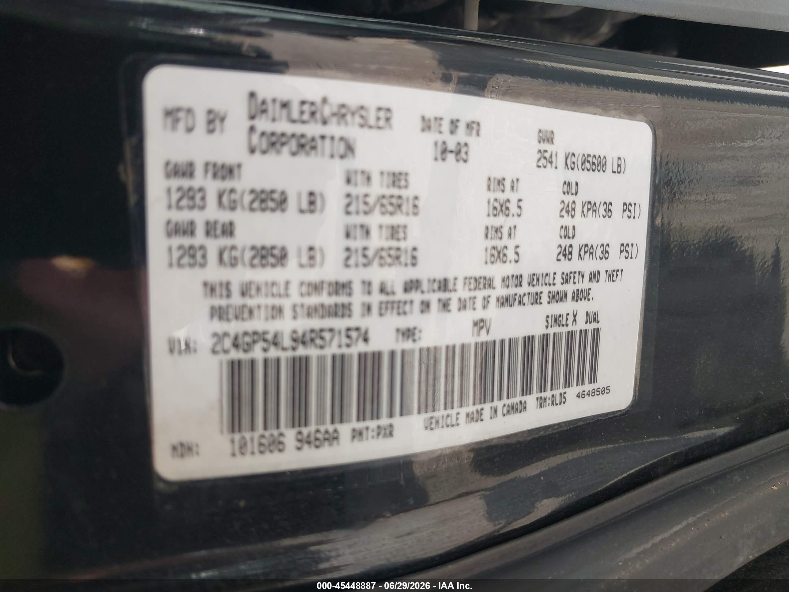 2004 Chrysler Town & Country Touring Black vin: 2C4GP54L94R571574