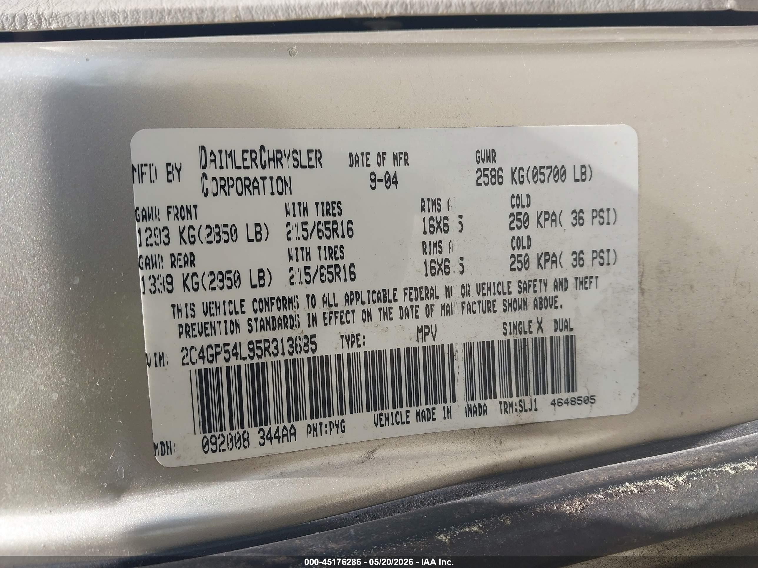 2005 Chrysler Town & Country Touring Gold vin: 2C4GP54L95R313685