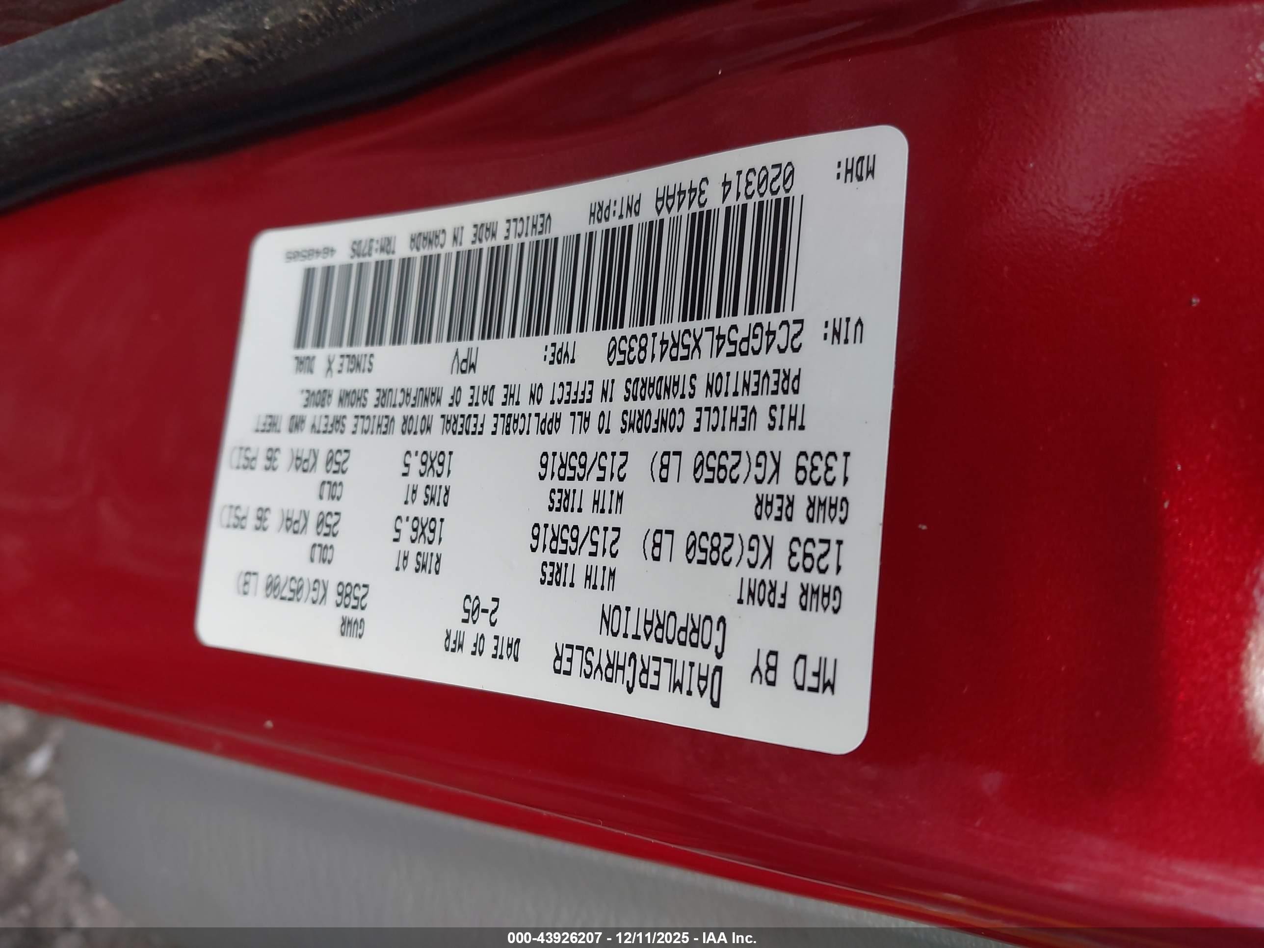 2005 Chrysler Town & Country Touring Красный vin: 2C4GP54LX5R418350
