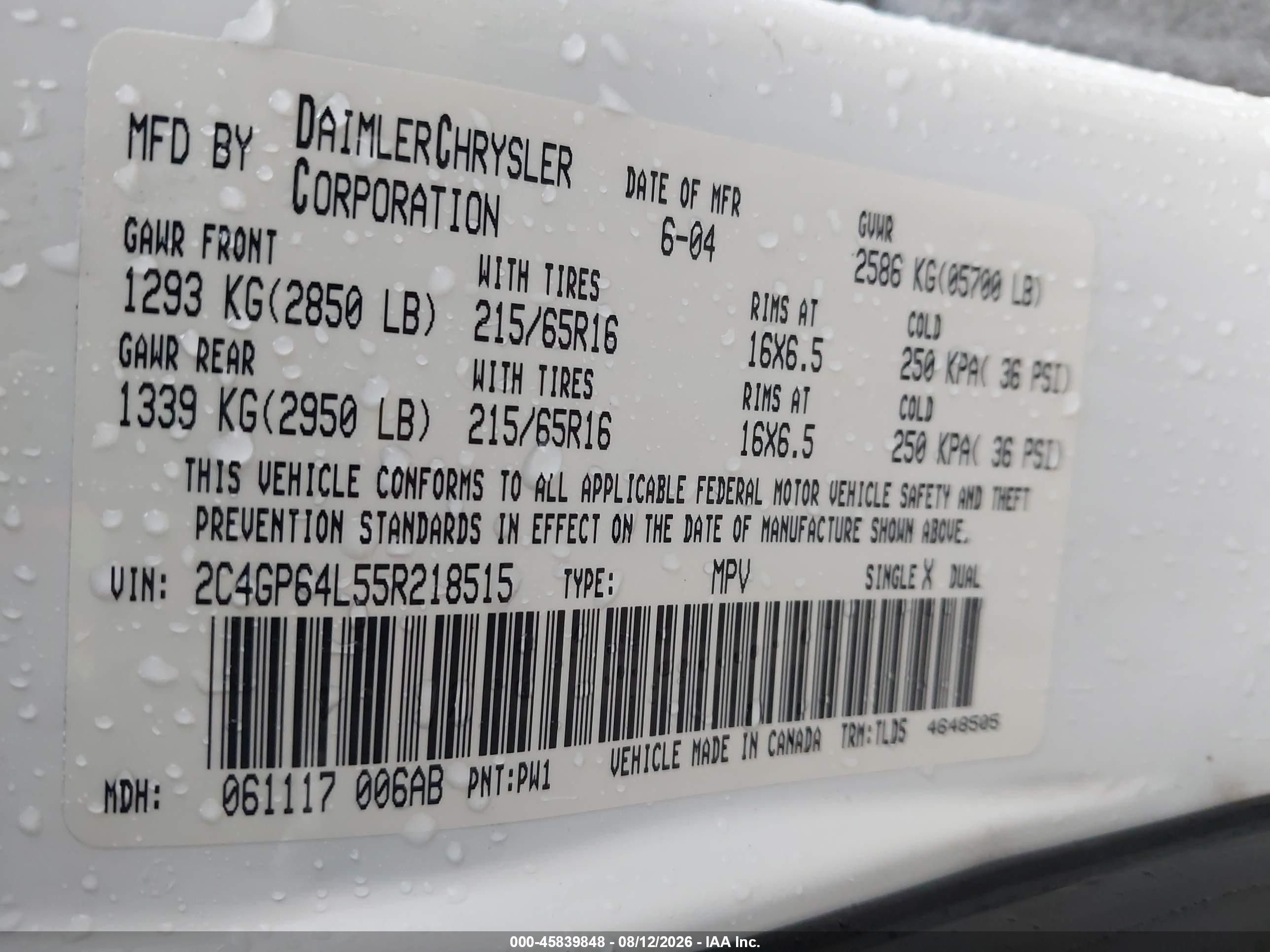 2005 Chrysler Town & Country Limited Белый vin: 2C4GP64L55R218515