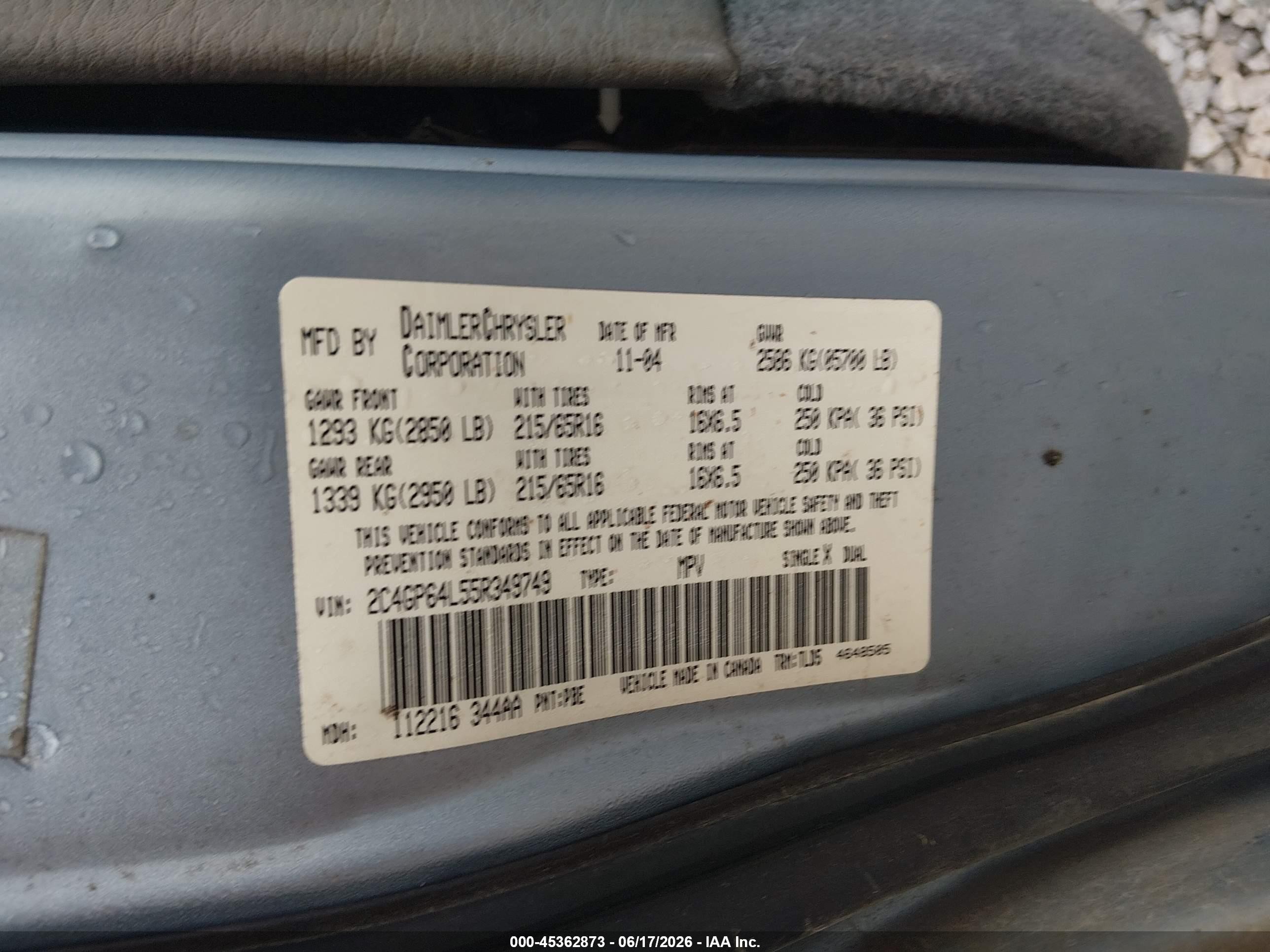 2005 Chrysler Town & Country Limited Blue vin: 2C4GP64L55R349749