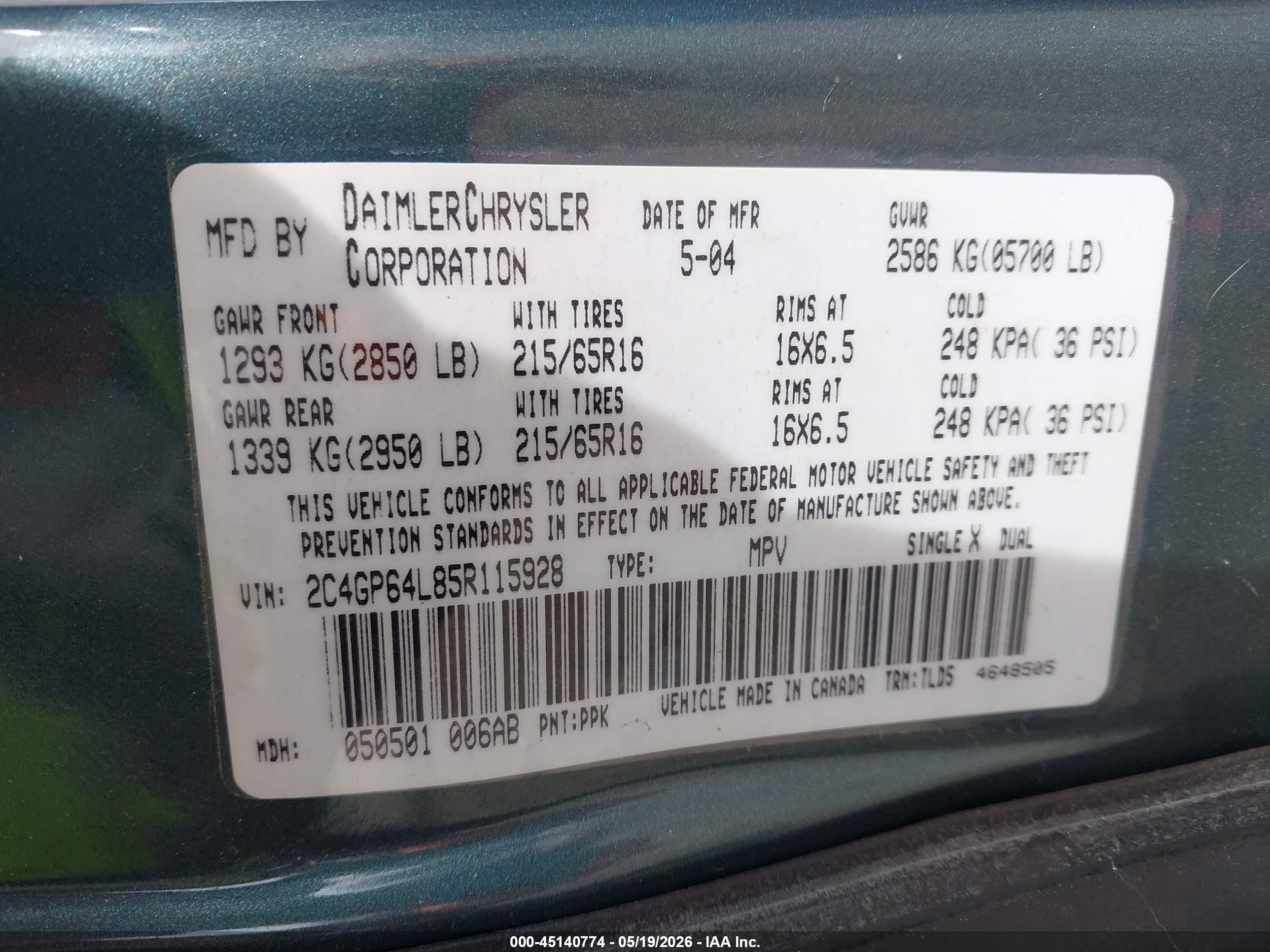 2005 Chrysler Town & Country Limited Turquoise vin: 2C4GP64L85R115928