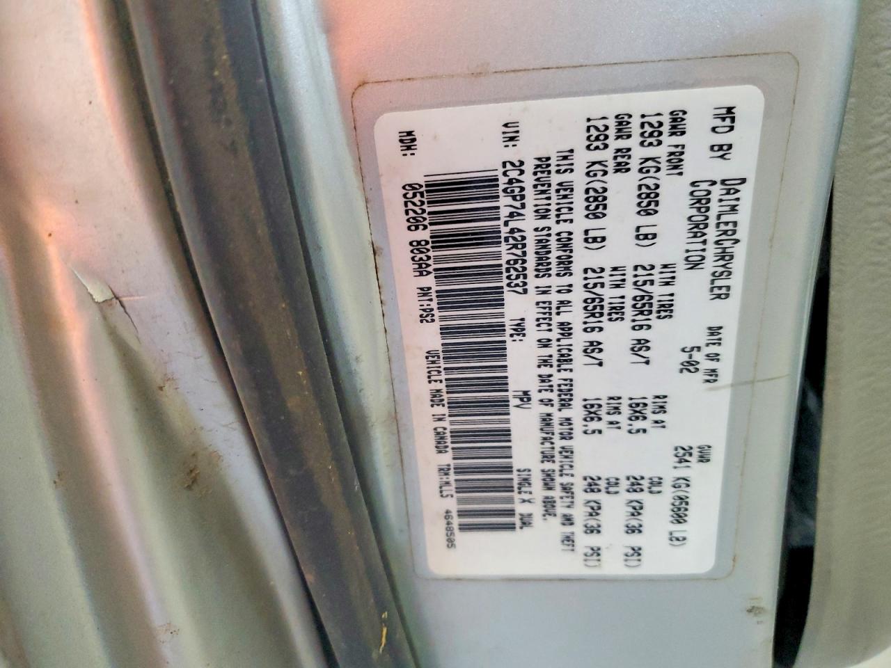 2002 Chrysler Town & Country Ex Silver vin: 2C4GP74L42R762537