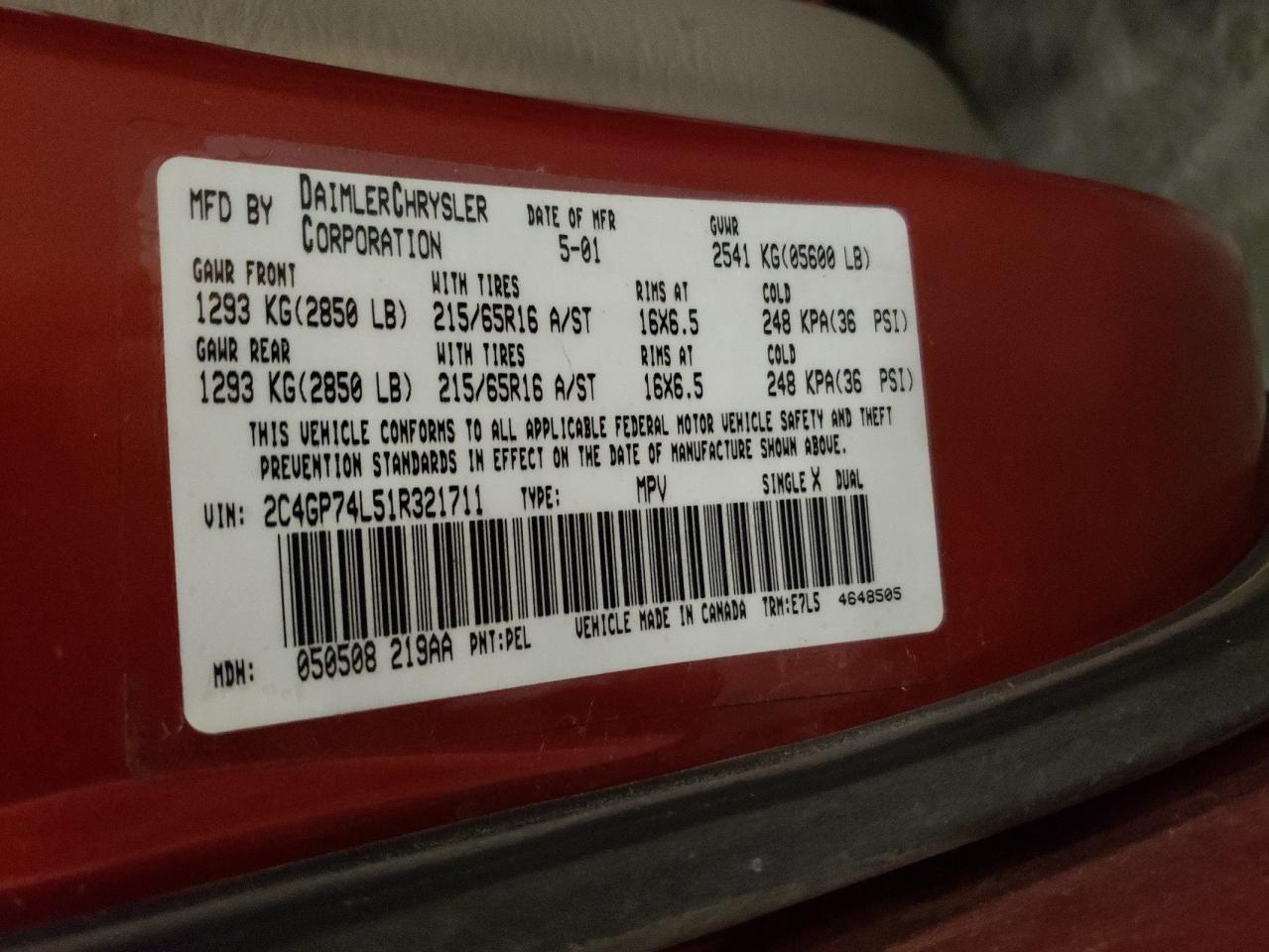 2001 Chrysler Town & Country Ex Red vin: 2C4GP74L51R321711