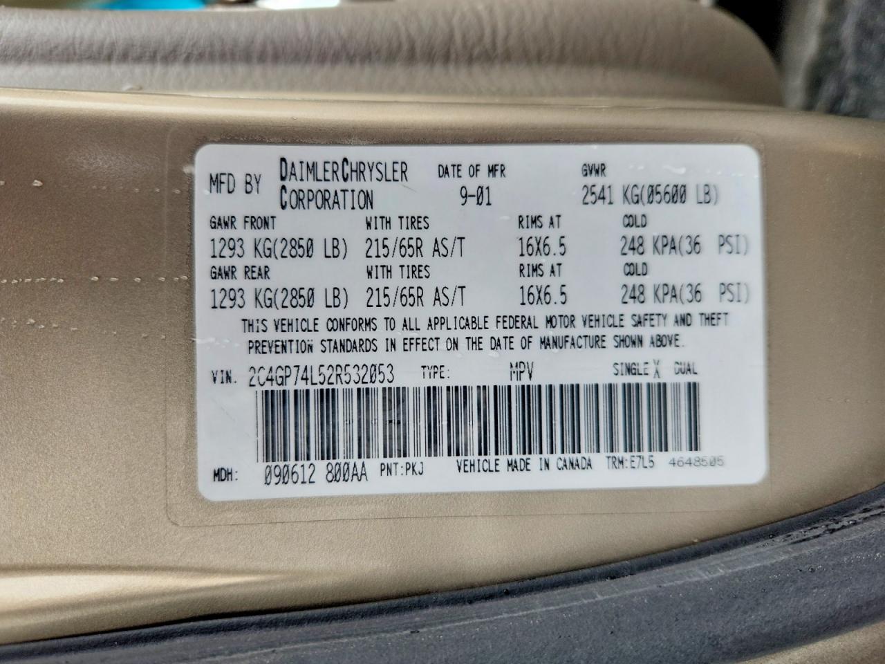 2002 Chrysler Town & Country Ex Tan vin: 2C4GP74L52R532053