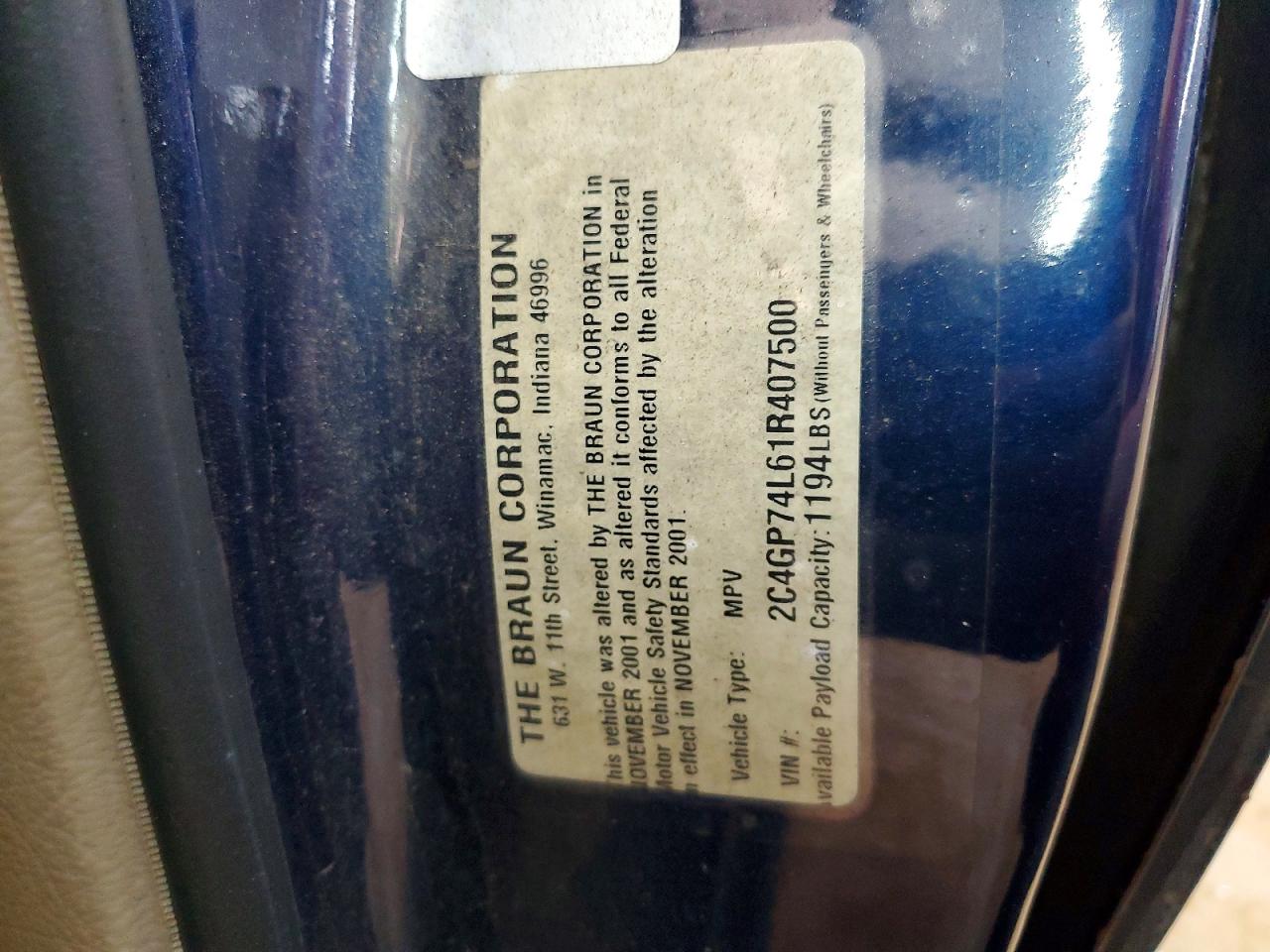 2001 Chrysler Town & Country Ex Blue vin: 2C4GP74L61R407500
