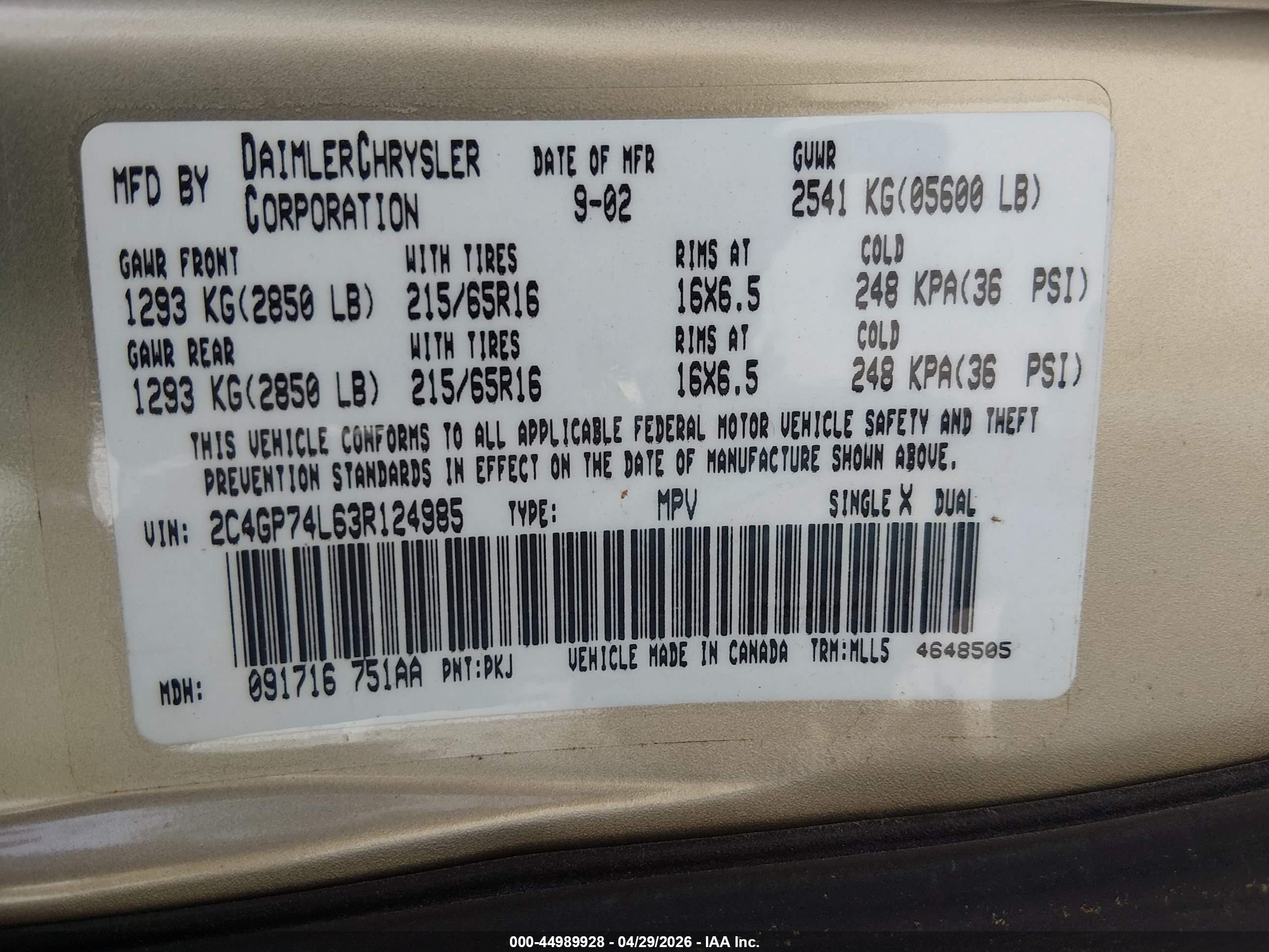 2003 Chrysler Town & Country Ex Gold vin: 2C4GP74L63R124985