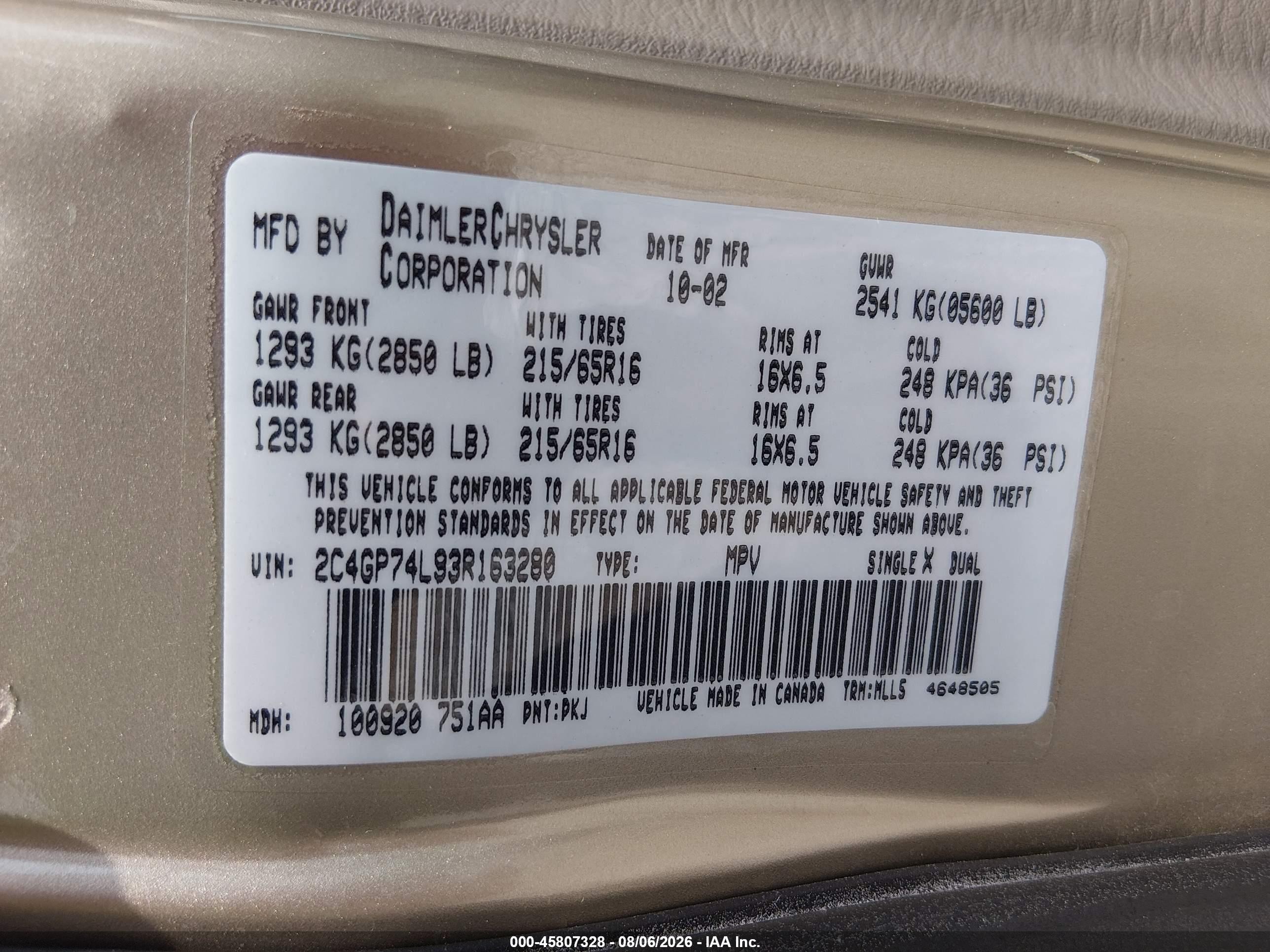 2003 Chrysler Town & Country Ex Gold vin: 2C4GP74L93R163280