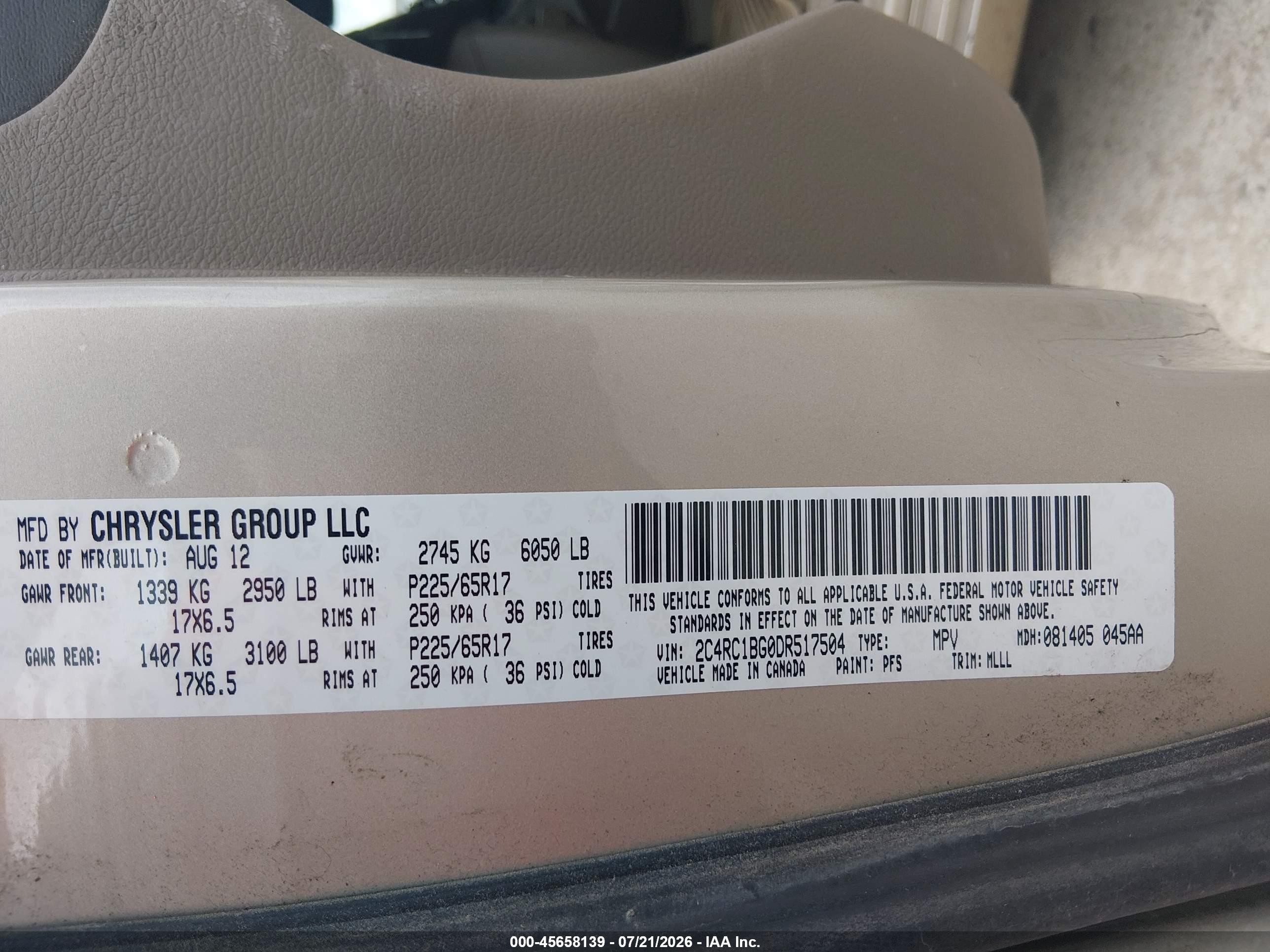 2013 Chrysler Town & Country Touring Beige vin: 2C4RC1BG0DR517504