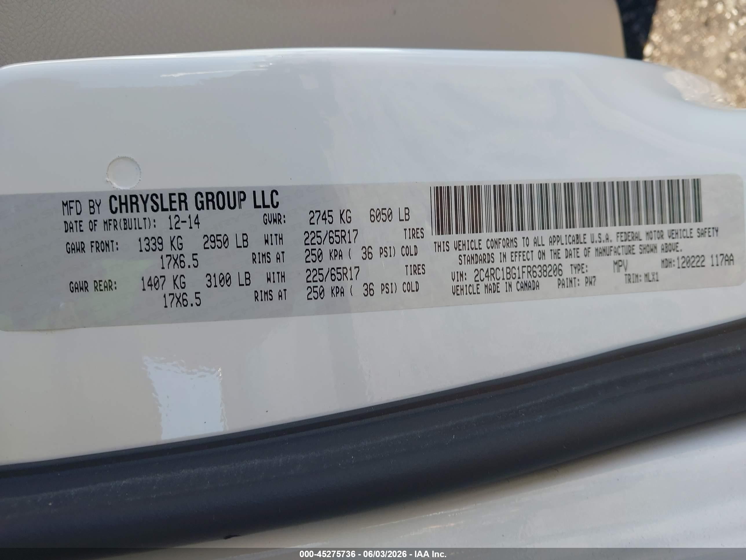 2015 Chrysler Town & Country Touring White vin: 2C4RC1BG1FR638206