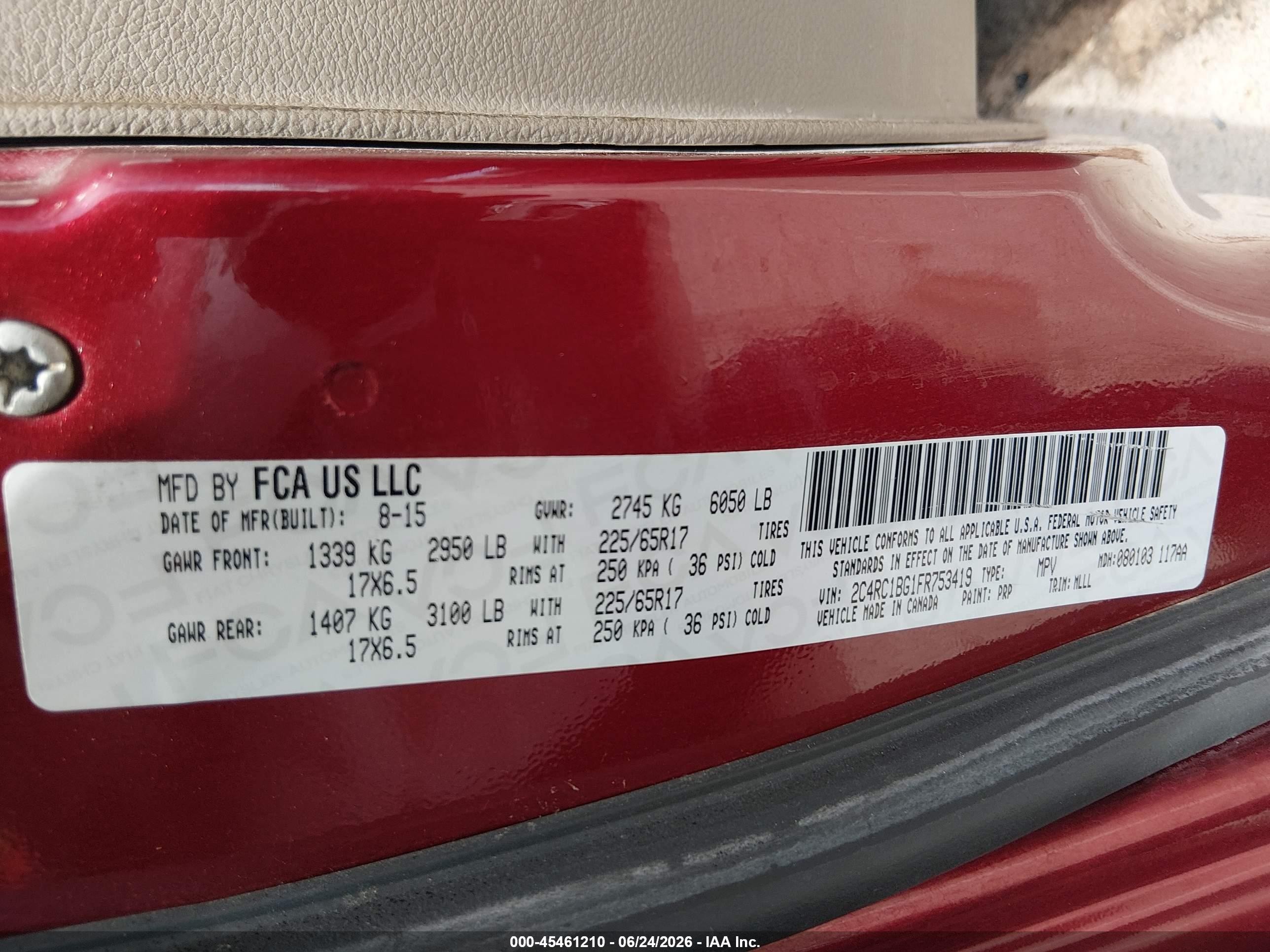 2015 Chrysler Town & Country Touring Maroon vin: 2C4RC1BG1FR753419