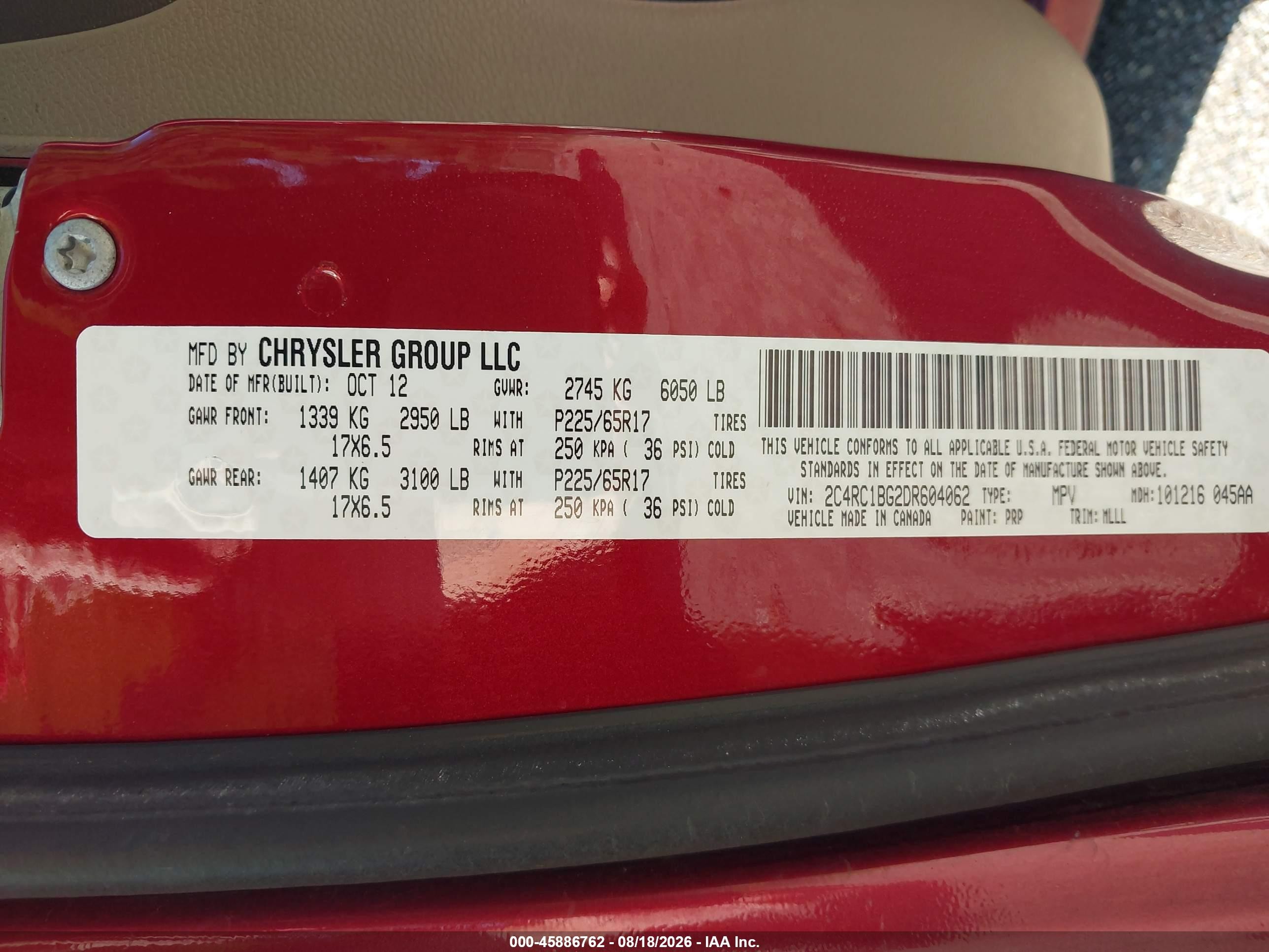 2013 Chrysler Town & Country Touring Red vin: 2C4RC1BG2DR604062