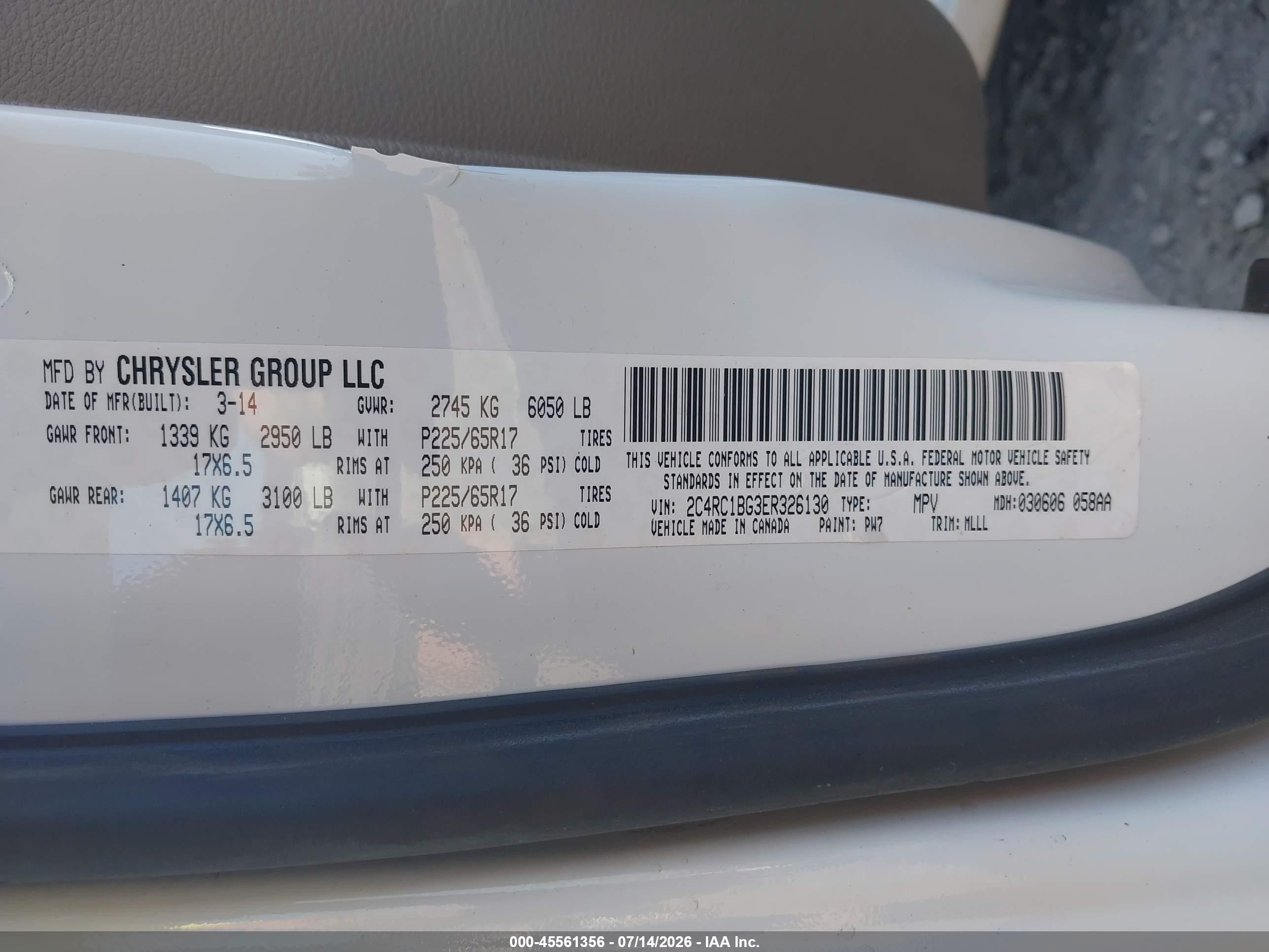 2014 Chrysler Town & Country Touring Белый vin: 2C4RC1BG3ER326130