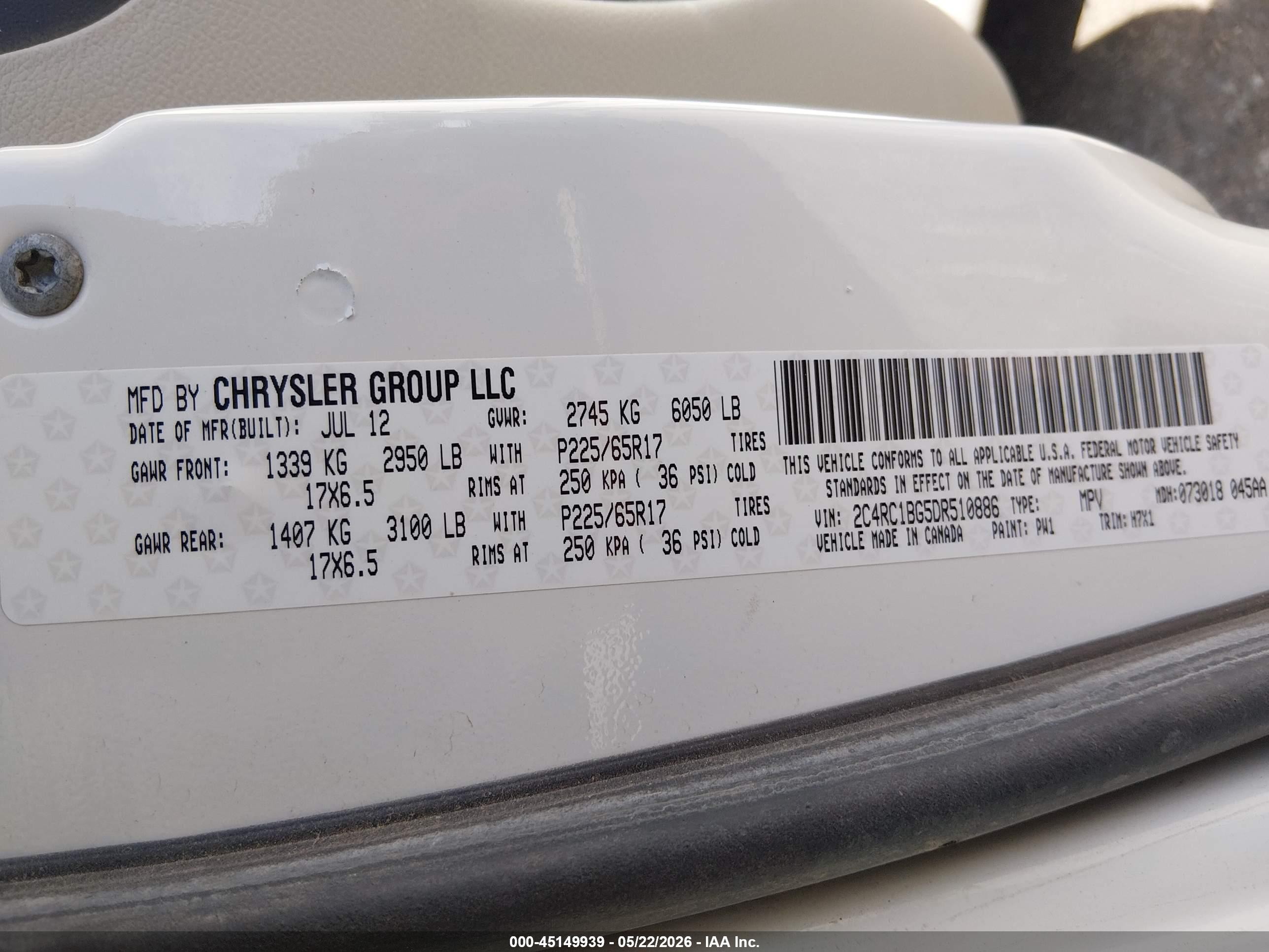 2013 Chrysler Town & Country Touring White vin: 2C4RC1BG5DR510886